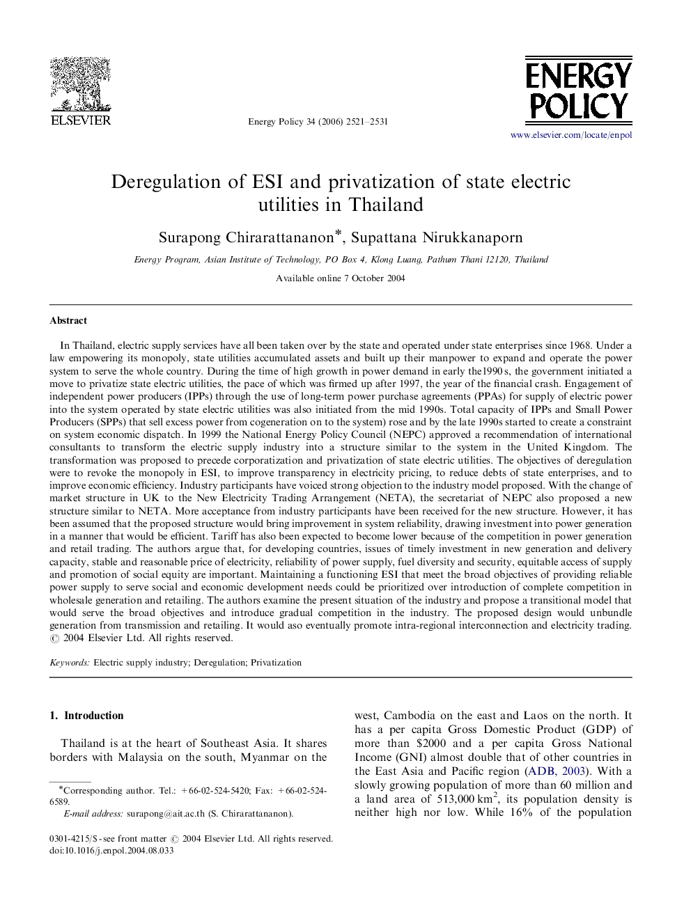 Deregulation of ESI and privatization of state electric utilities in Thailand