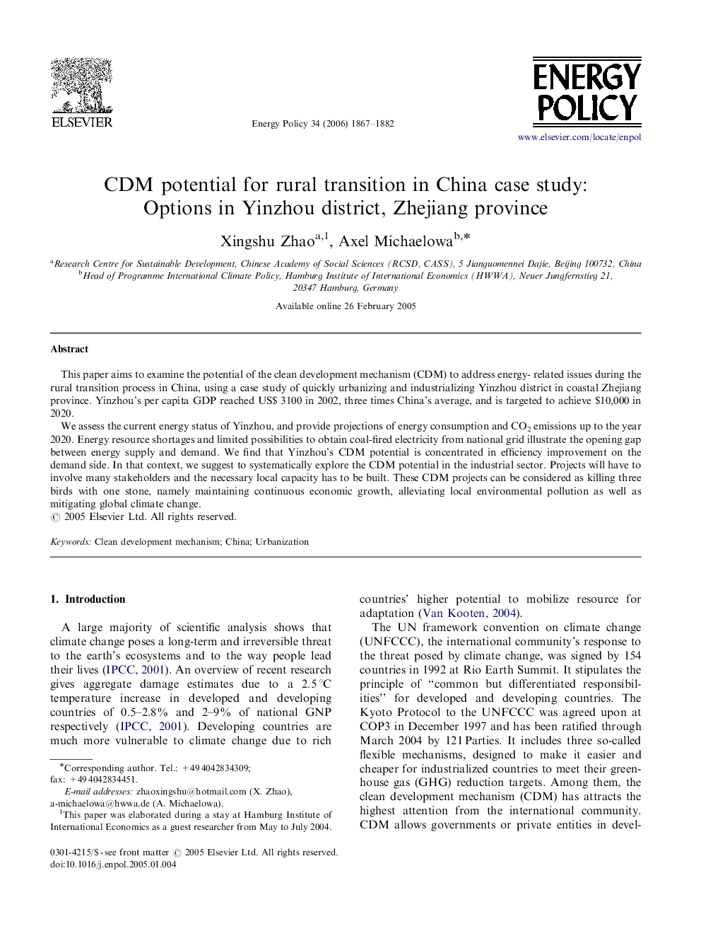 CDM potential for rural transition in China case study: Options in Yinzhou district, Zhejiang province