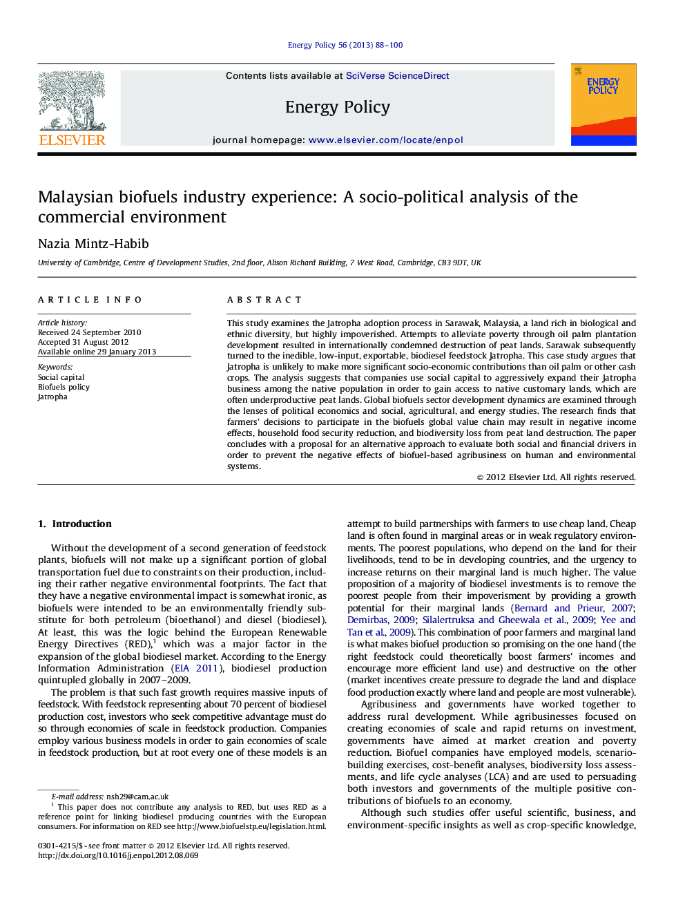 Malaysian biofuels industry experience: A socio-political analysis of the commercial environment