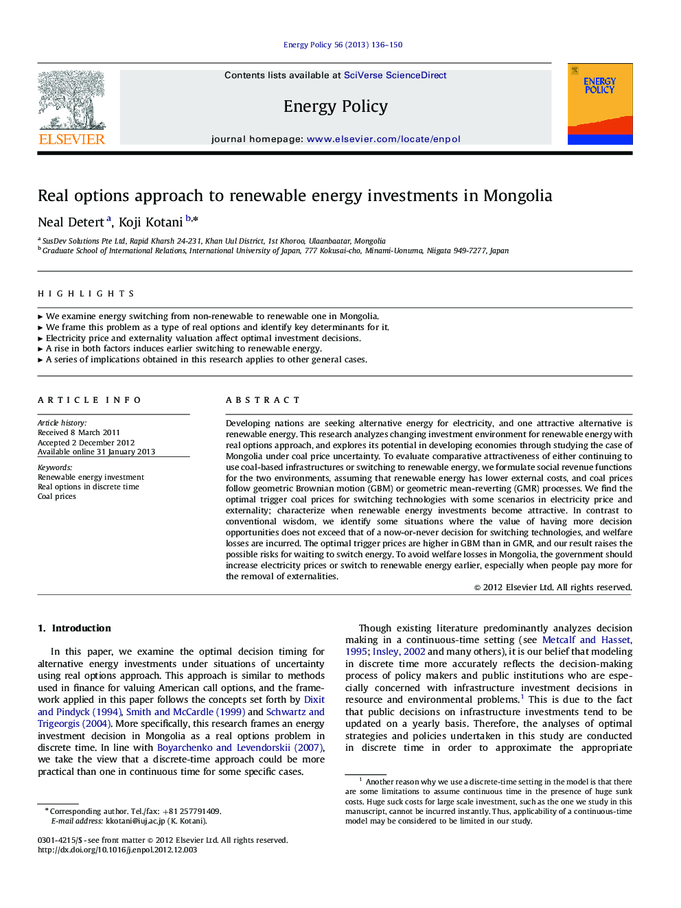 Real options approach to renewable energy investments in Mongolia