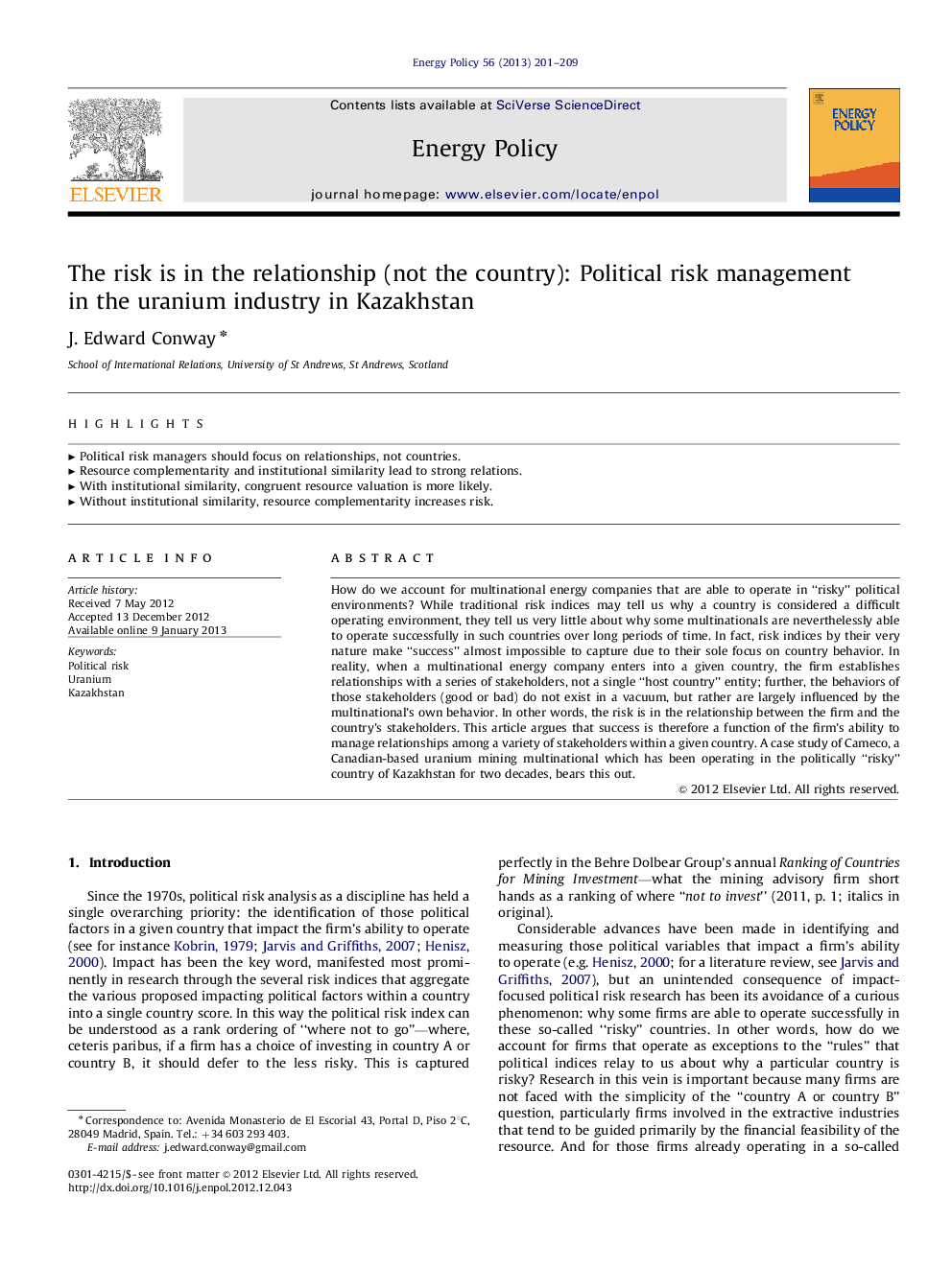 The risk is in the relationship (not the country): Political risk management in the uranium industry in Kazakhstan