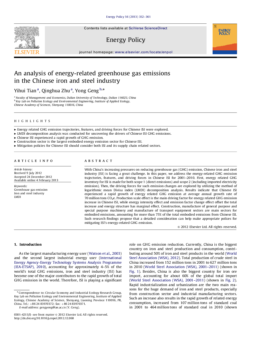 An analysis of energy-related greenhouse gas emissions in the Chinese iron and steel industry