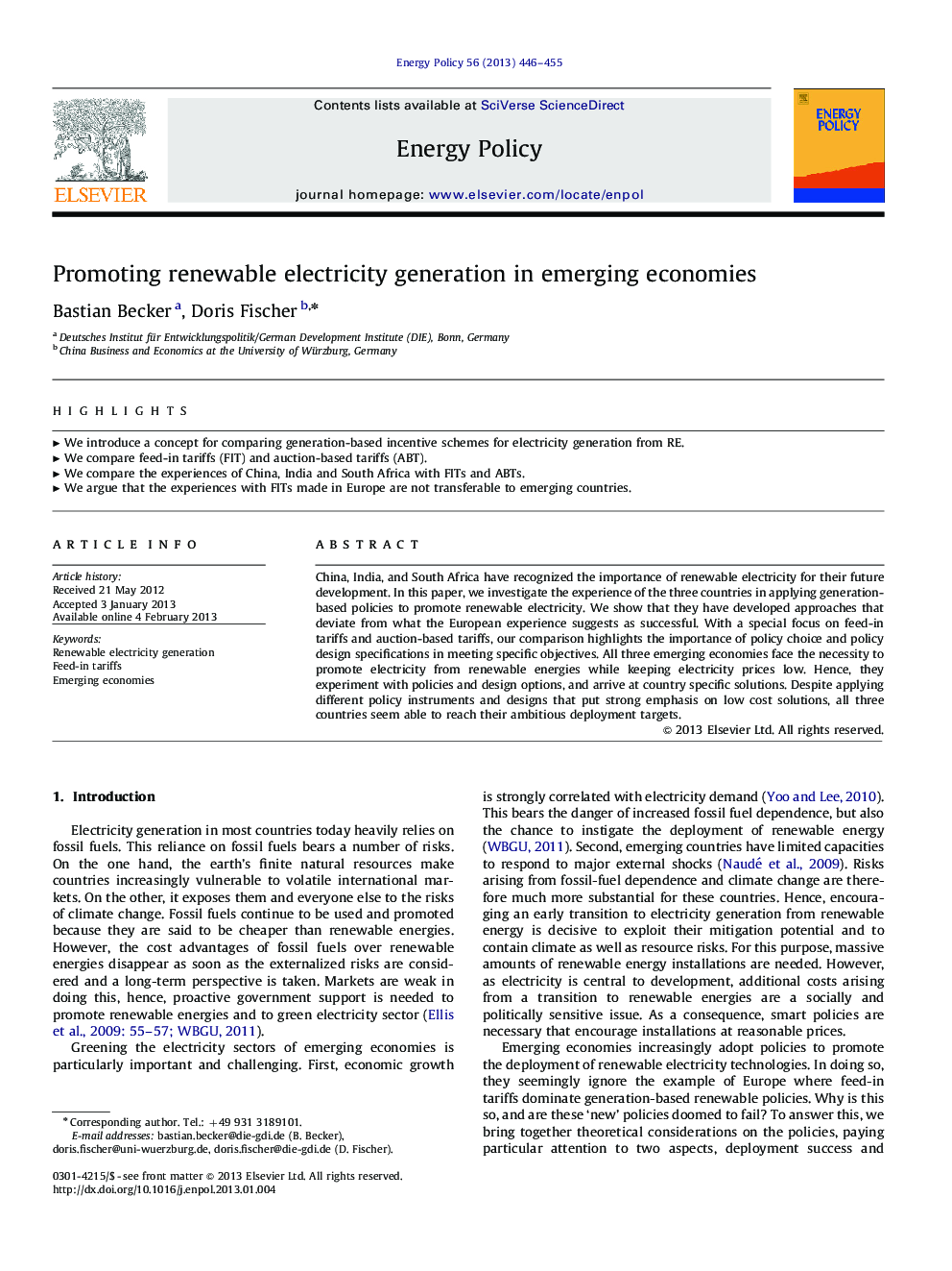 Promoting renewable electricity generation in emerging economies