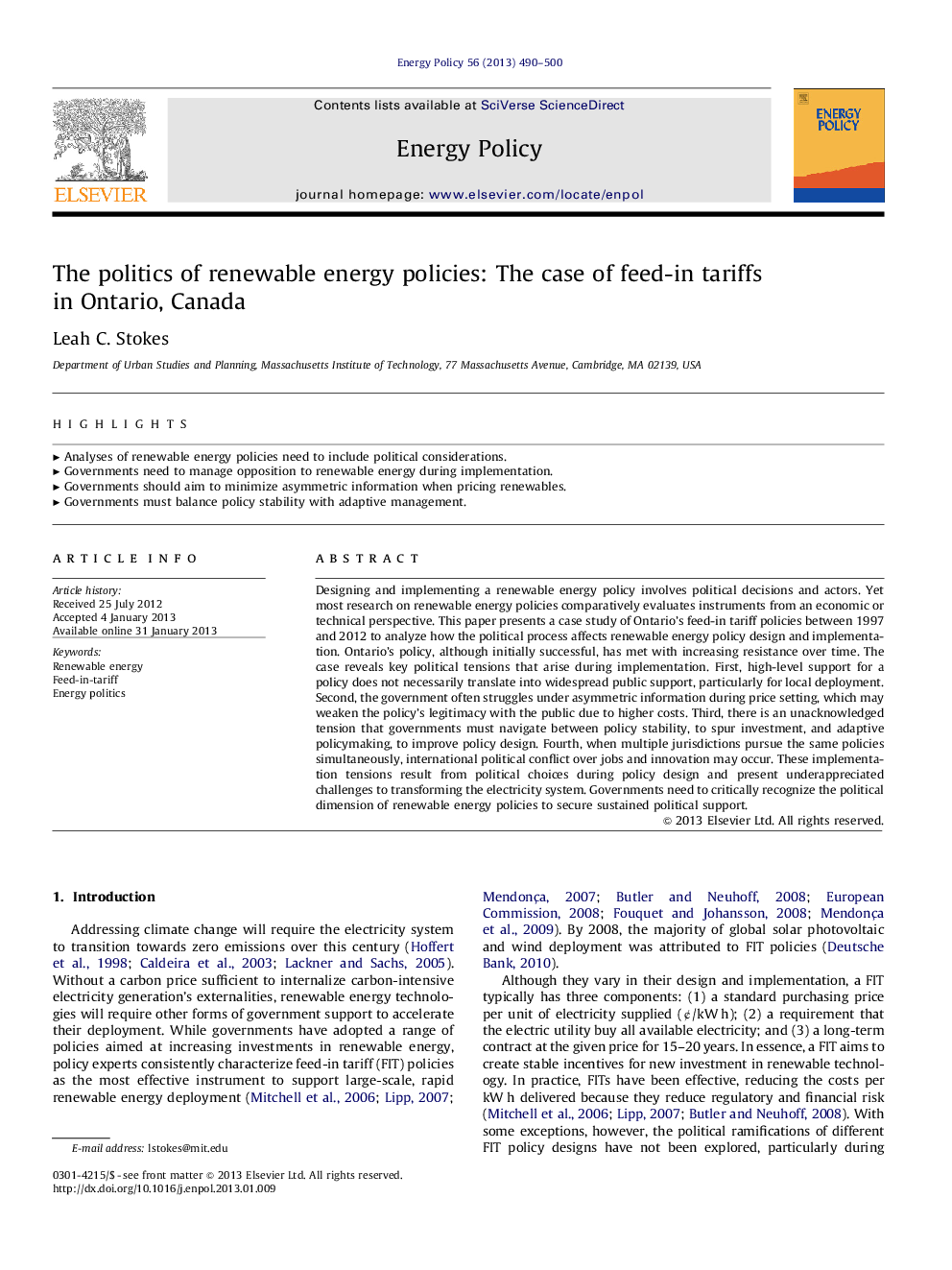 عکس صفحه اول مقاله: The politics of renewable energy policies: The case of feed-in tariffs in Ontario, Canada The politics of renewable energy policies: The case of feed-in tariffs in Ontario, Canada