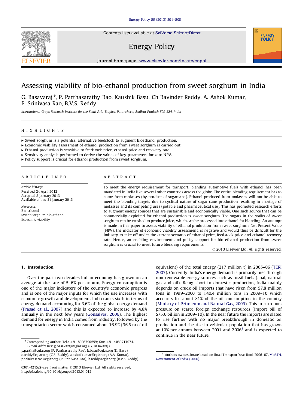 Assessing viability of bio-ethanol production from sweet sorghum in India