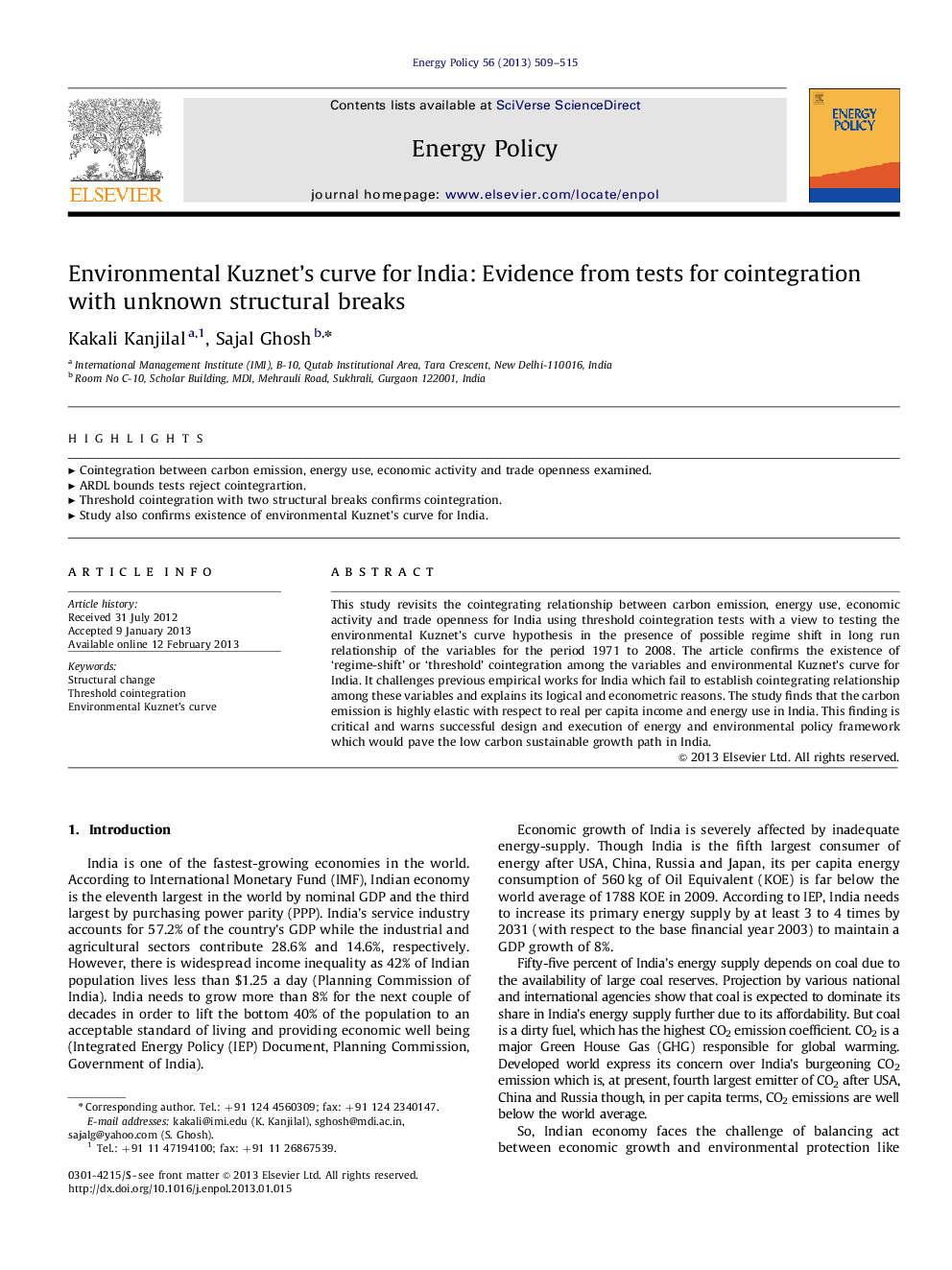 Environmental Kuznet’s curve for India: Evidence from tests for cointegration with unknown structuralbreaks