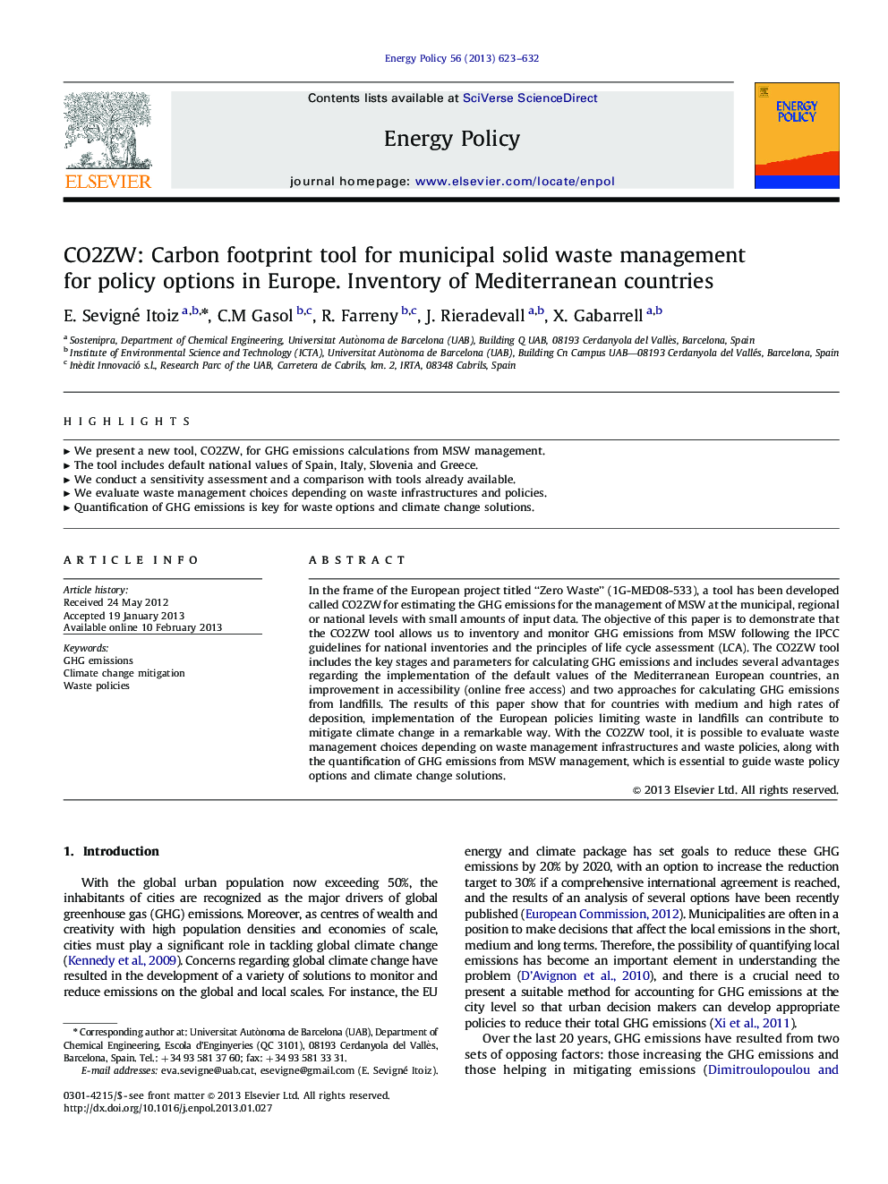 CO2ZW: Carbon footprint tool for municipal solid waste management for policy options in Europe. Inventory of Mediterranean countries