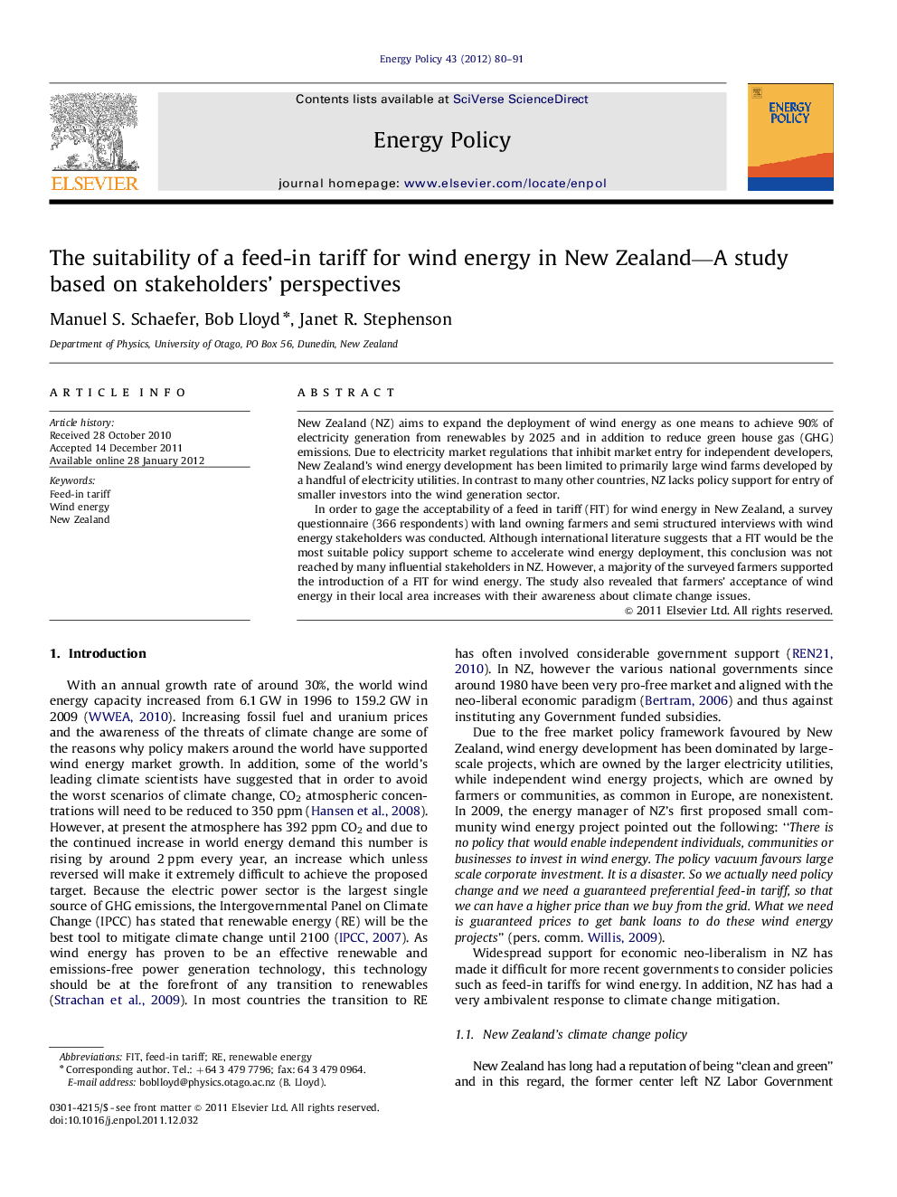 The suitability of a feed-in tariff for wind energy in New Zealand—A study based on stakeholders' perspectives