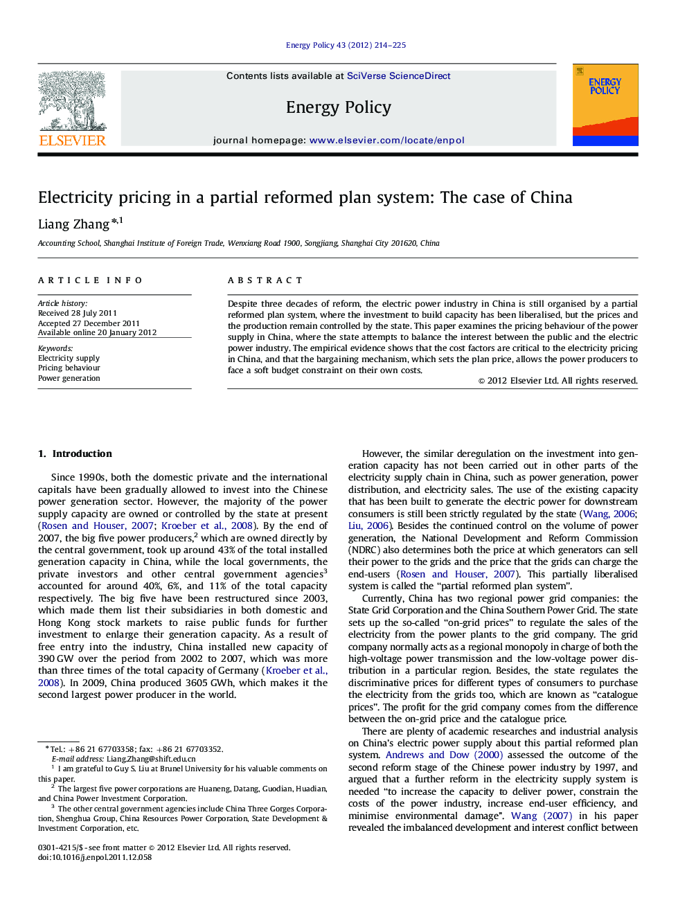 Electricity pricing in a partial reformed plan system: The case of China