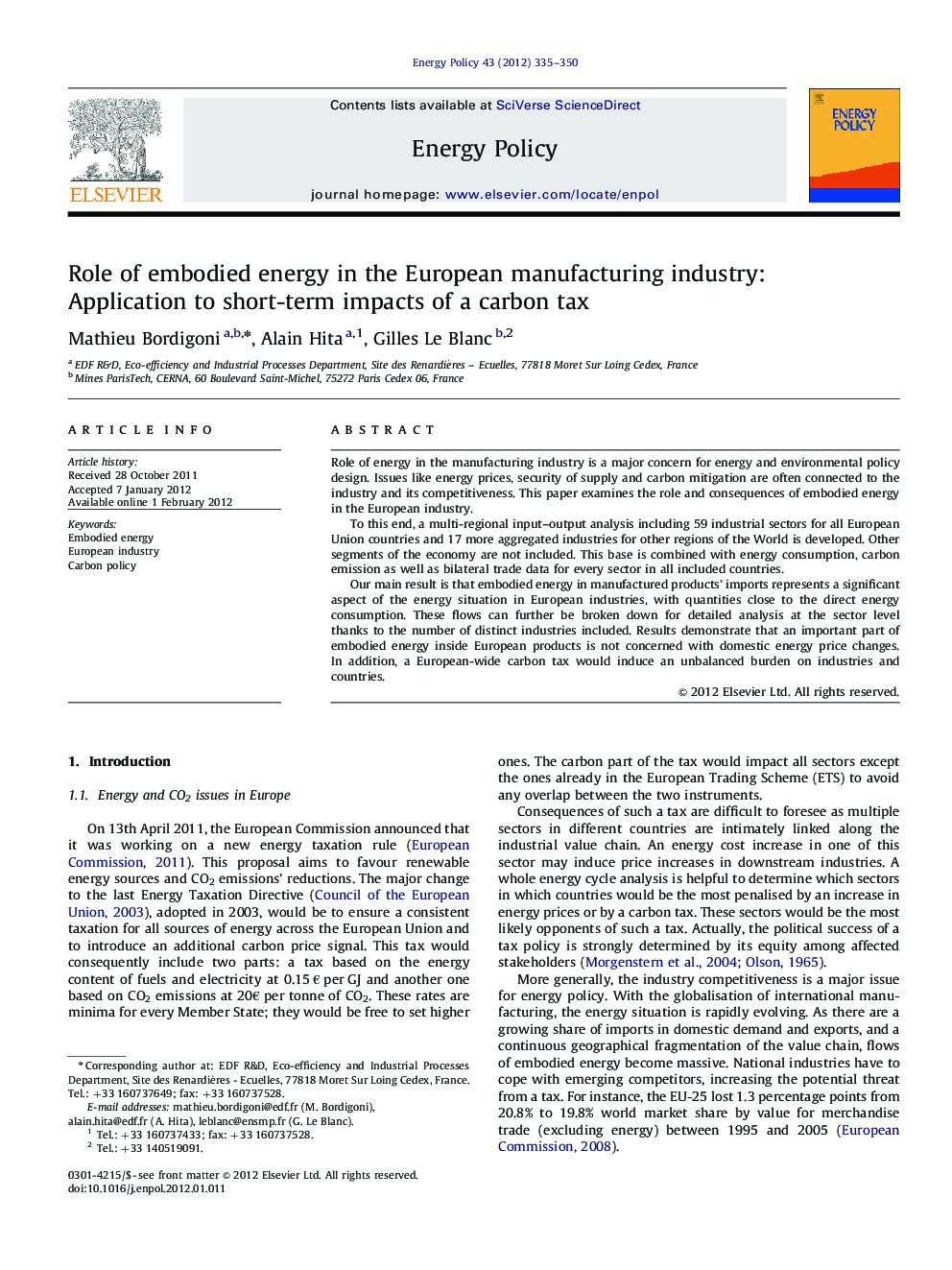 Role of embodied energy in the European manufacturing industry: Application to short-term impacts of a carbon tax