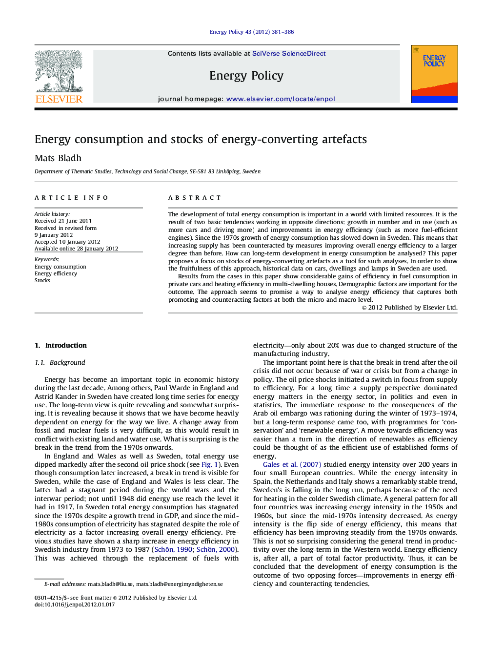 Energy consumption and stocks of energy-converting artefacts