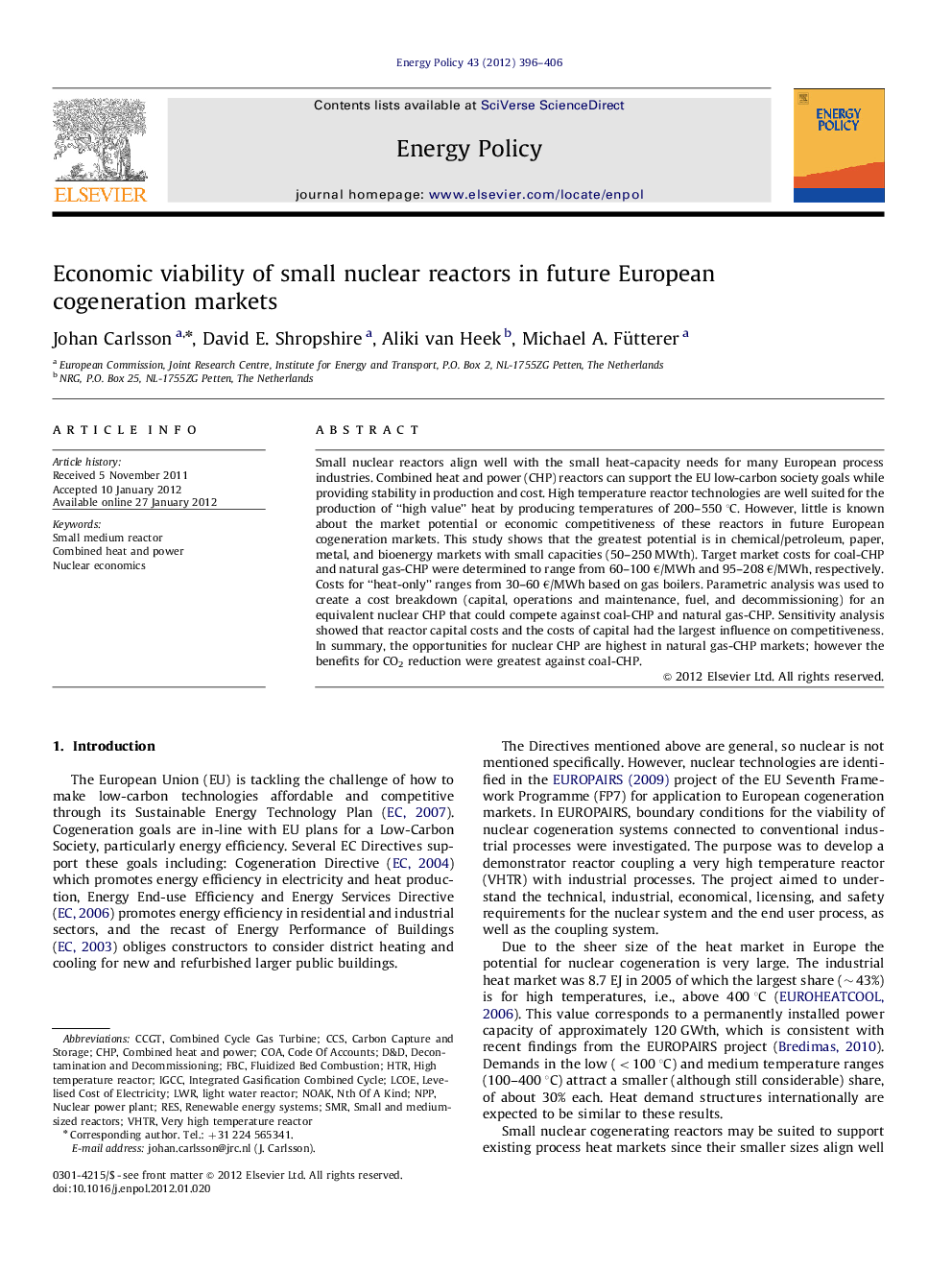 Economic viability of small nuclear reactors in future European cogeneration markets