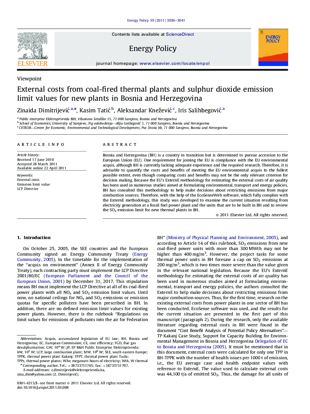 External costs from coal-fired thermal plants and sulphur dioxide emission limit values for new plants in Bosnia and Herzegovina