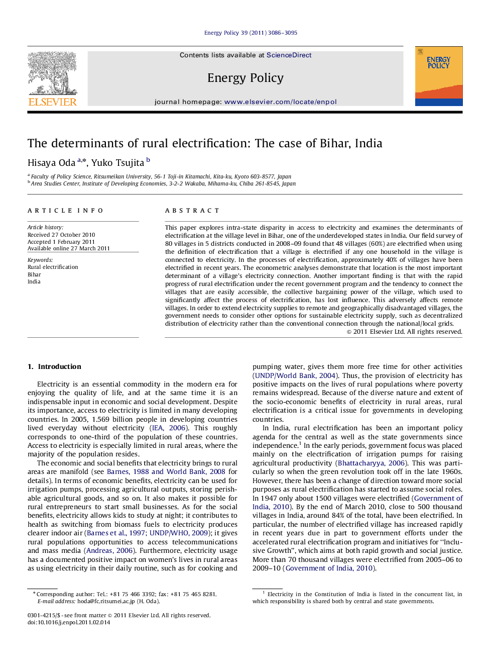 The determinants of rural electrification: The case of Bihar, India