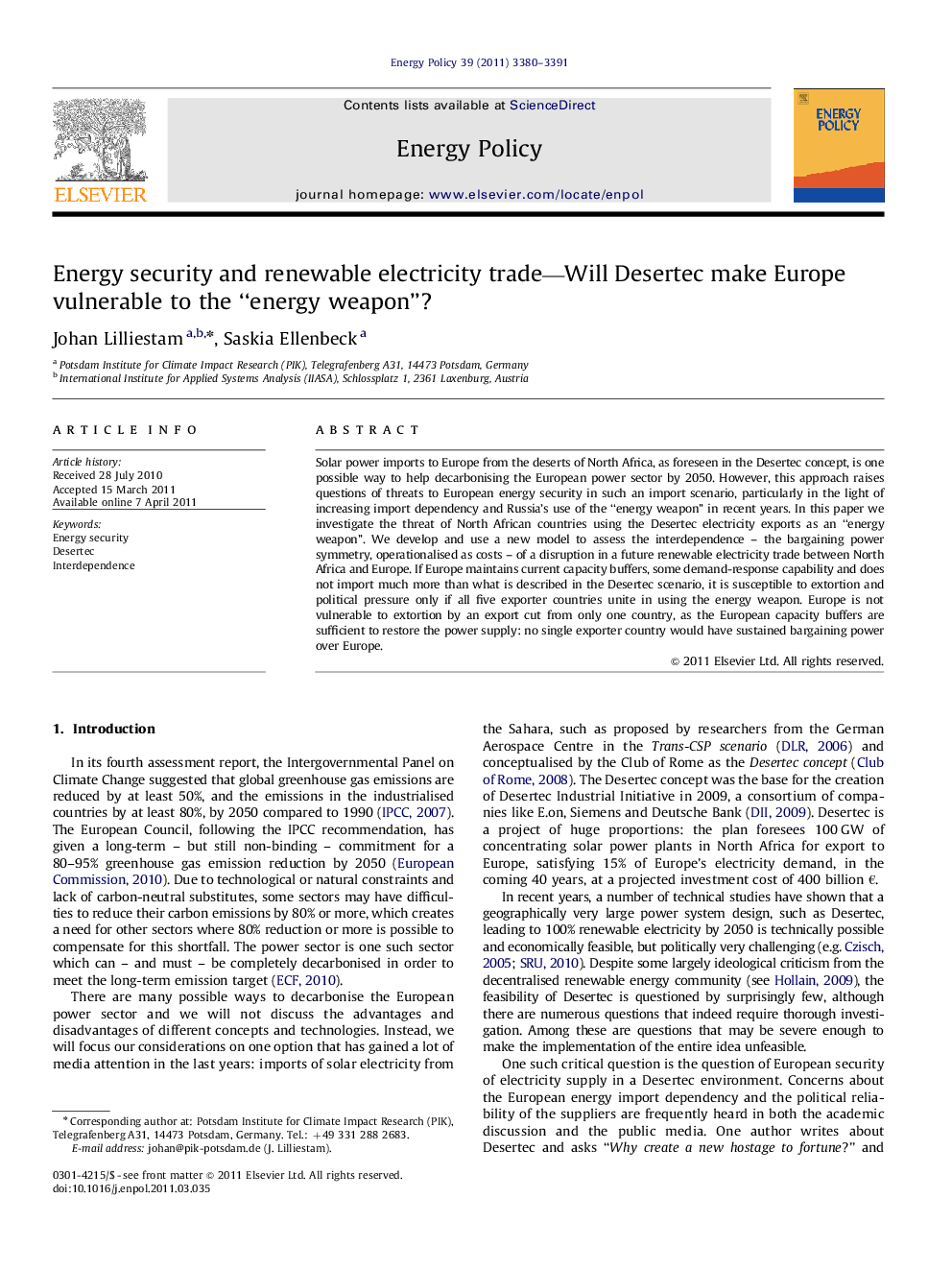 Energy security and renewable electricity trade—Will Desertec make Europe vulnerable to the “energy weapon”?