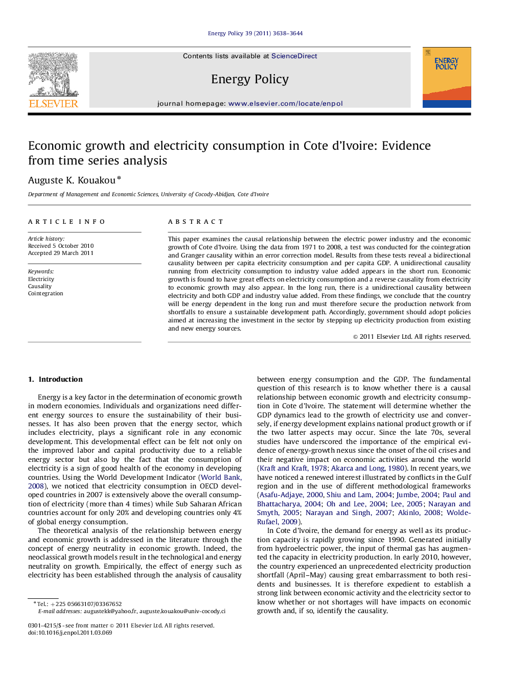 Economic growth and electricity consumption in Cote d'Ivoire: Evidence from time series analysis