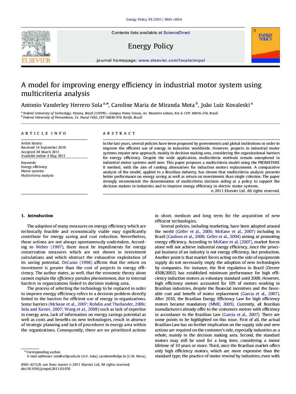 A model for improving energy efficiency in industrial motor system using multicriteria analysis