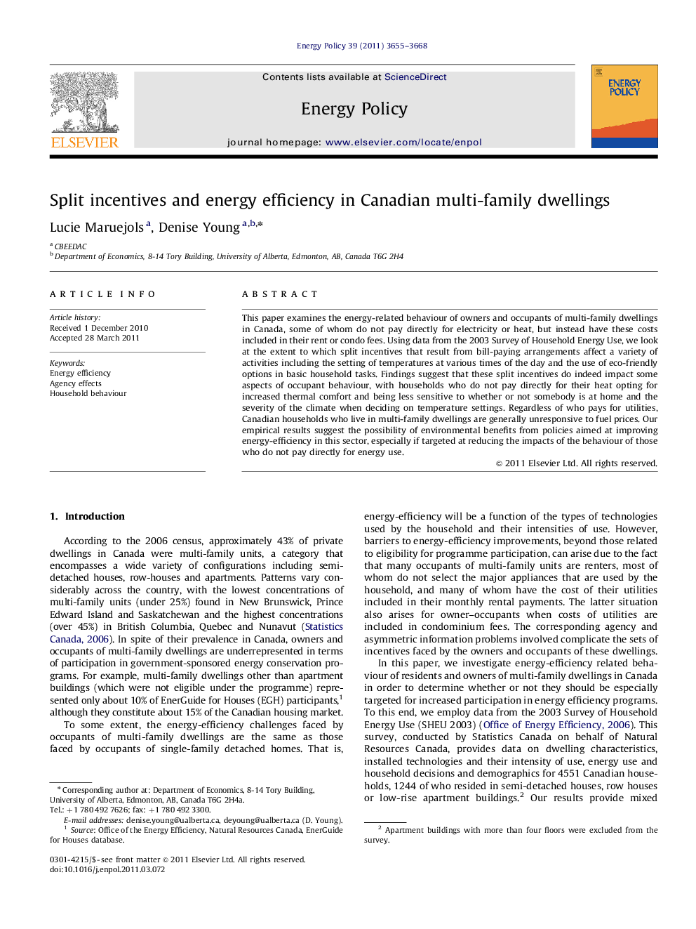 Split incentives and energy efficiency in Canadian multi-family dwellings