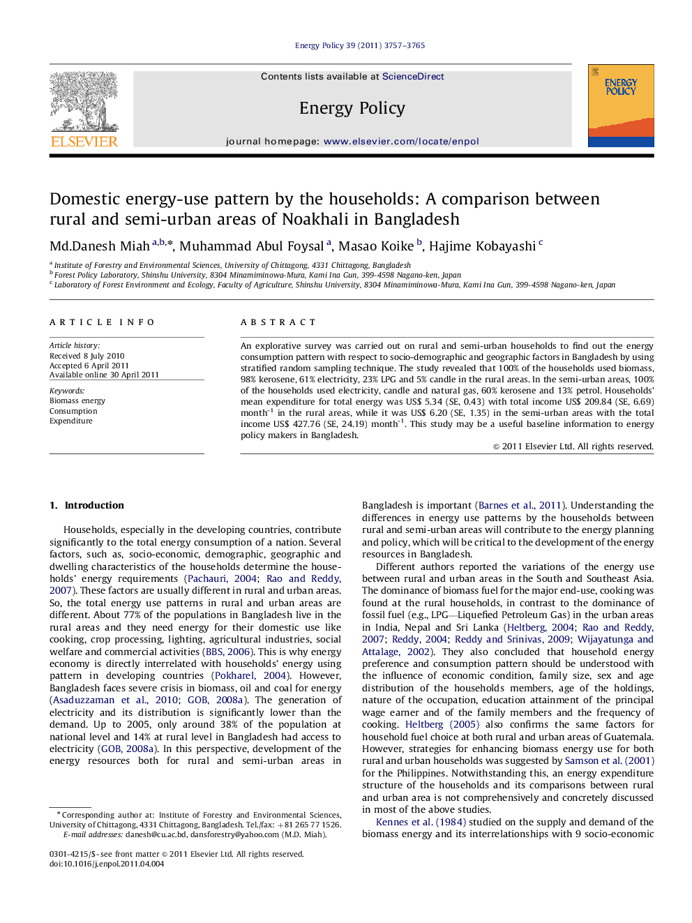 Domestic energy-use pattern by the households: A comparison between rural and semi-urban areas of Noakhali in Bangladesh