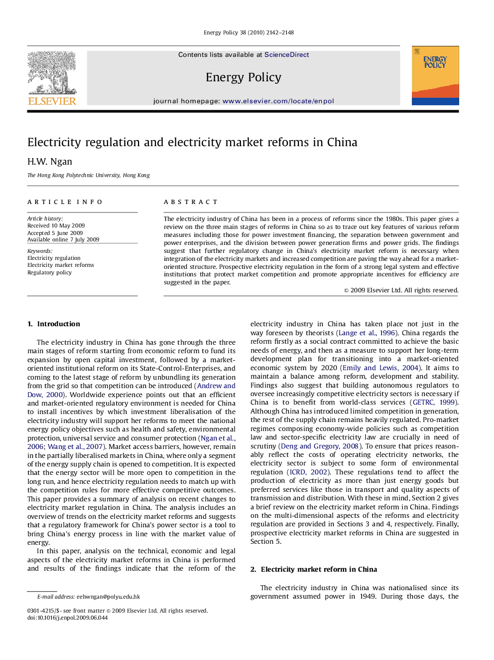 Electricity regulation and electricity market reforms in China