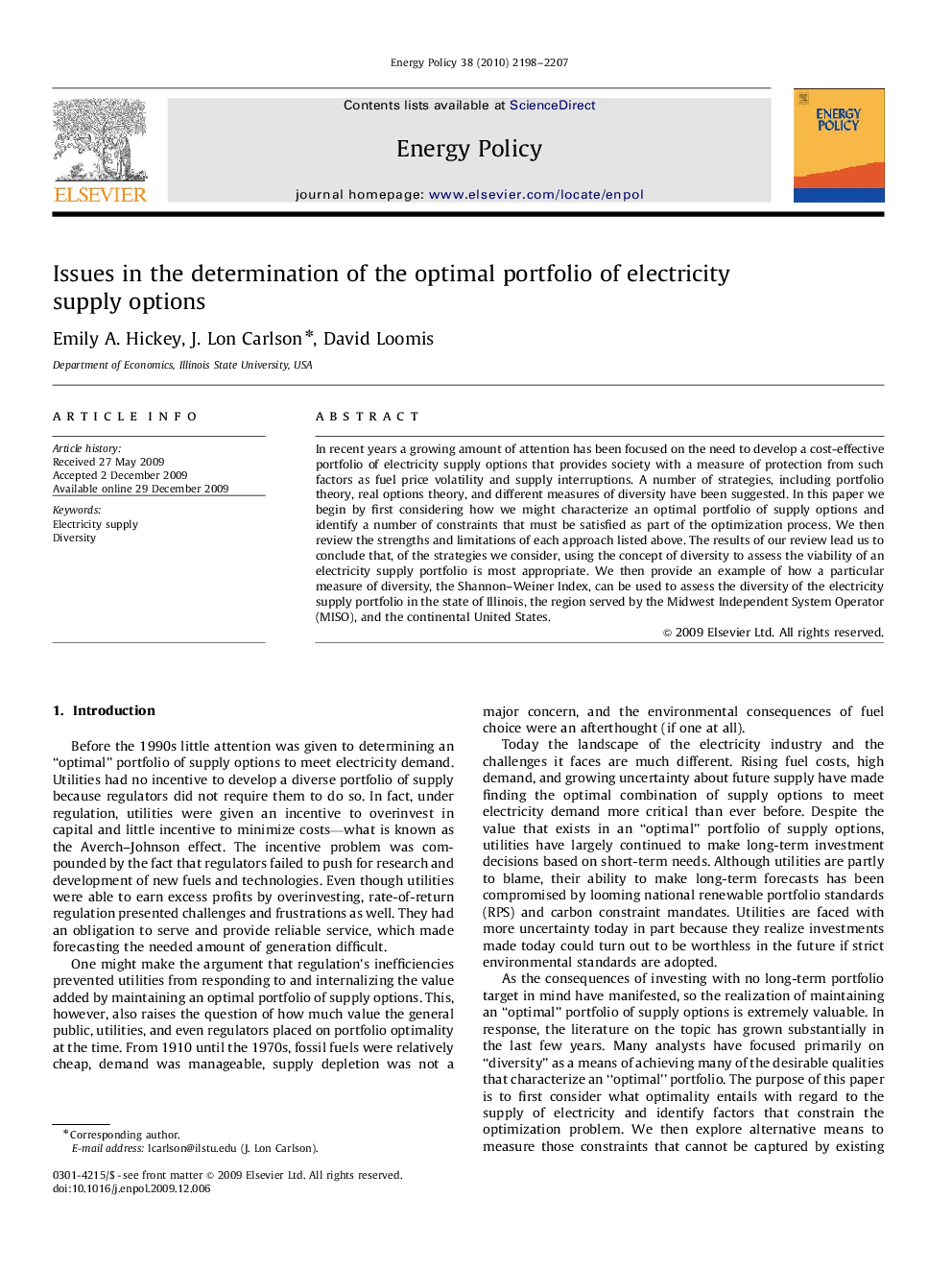 Issues in the determination of the optimal portfolio of electricity supply options