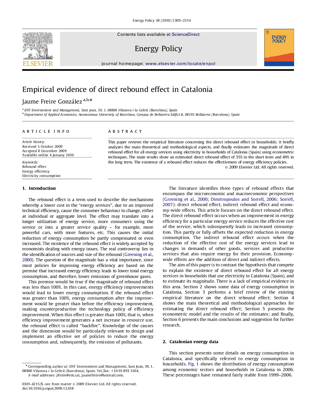 عکس صفحه اول مقاله: Empirical evidence of direct rebound effect in Catalonia Empirical evidence of direct rebound effect in Catalonia