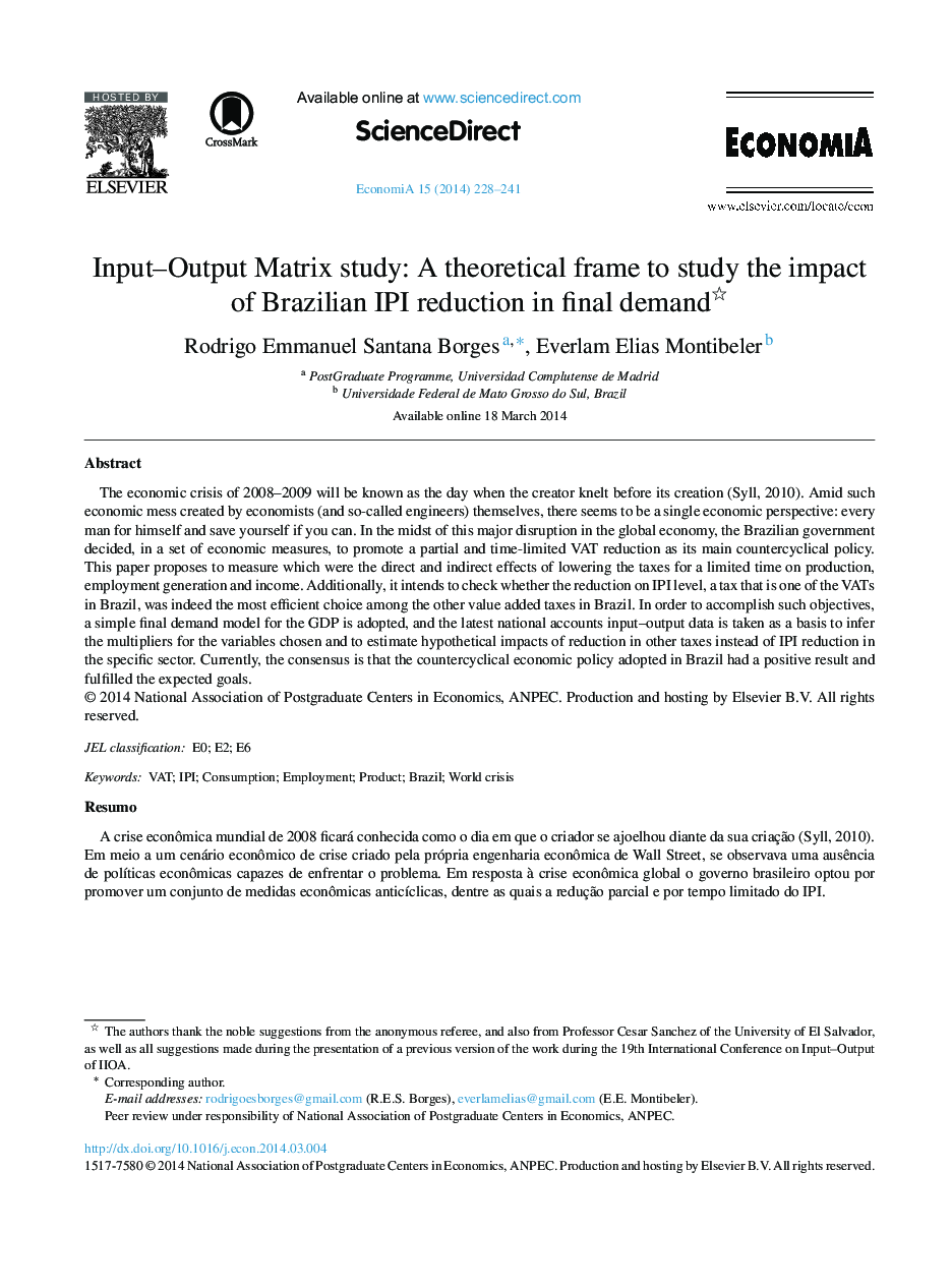 Input–Output Matrix study: A theoretical frame to study the impact of Brazilian IPI reduction in final demand 