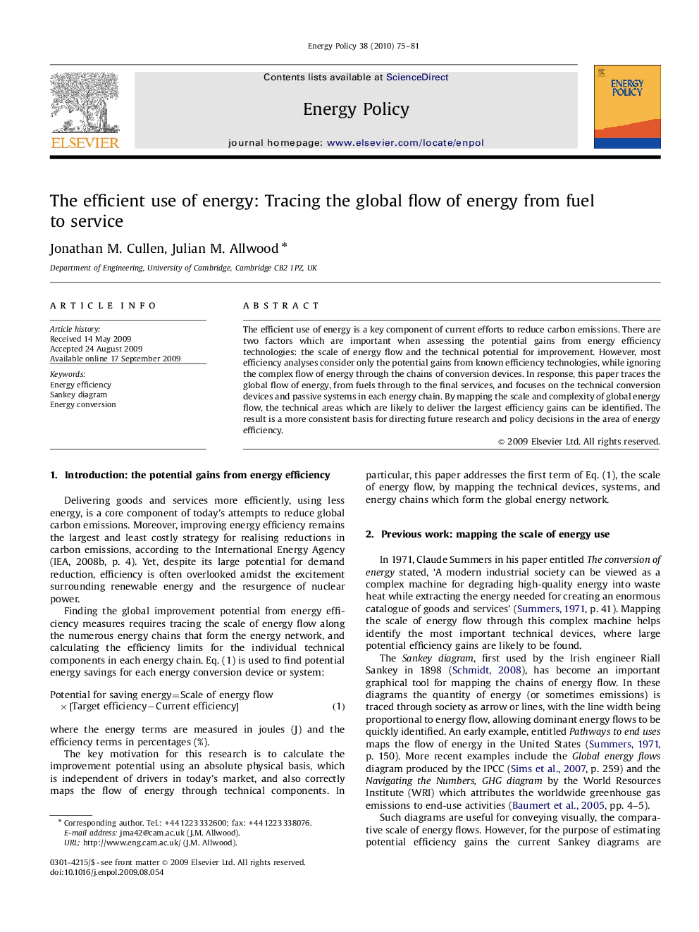 The efficient use of energy: Tracing the global flow of energy from fuel to service