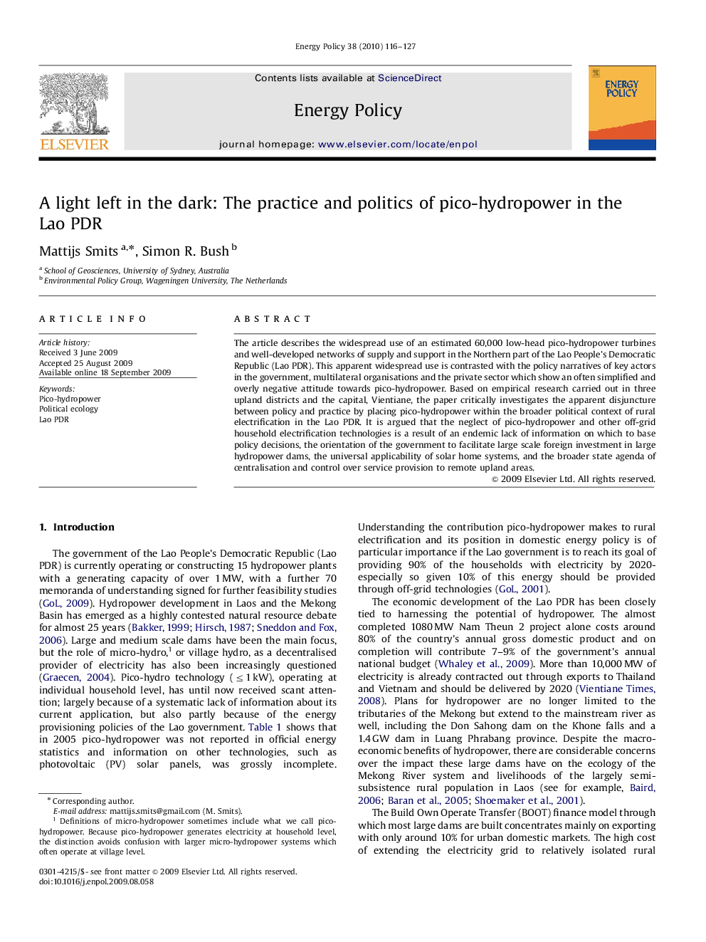 A light left in the dark: The practice and politics of pico-hydropower in the Lao PDR