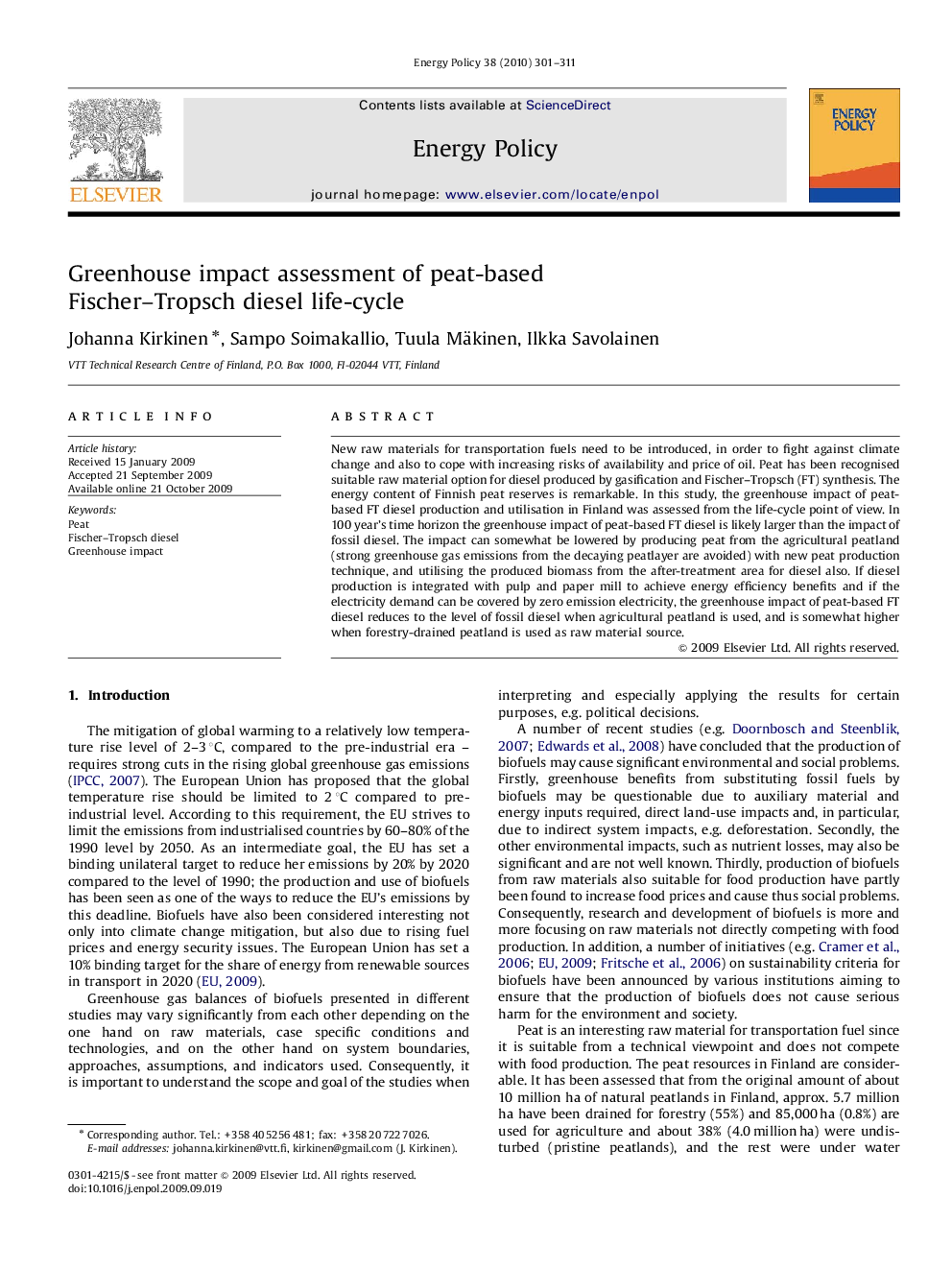 Greenhouse impact assessment of peat-based Fischer–Tropsch diesel life-cycle