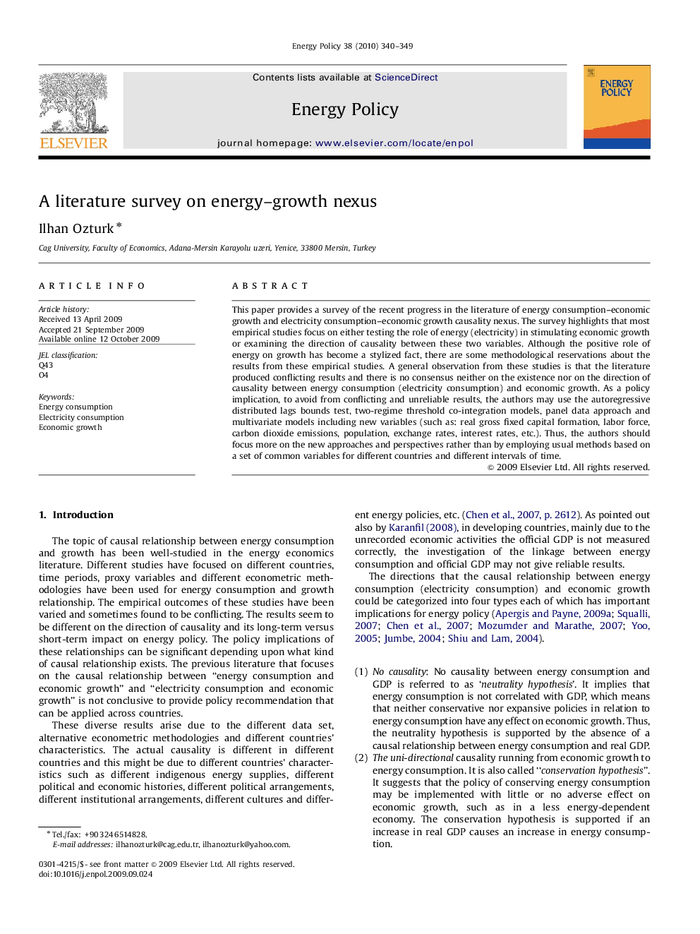 A literature survey on energy–growth nexus