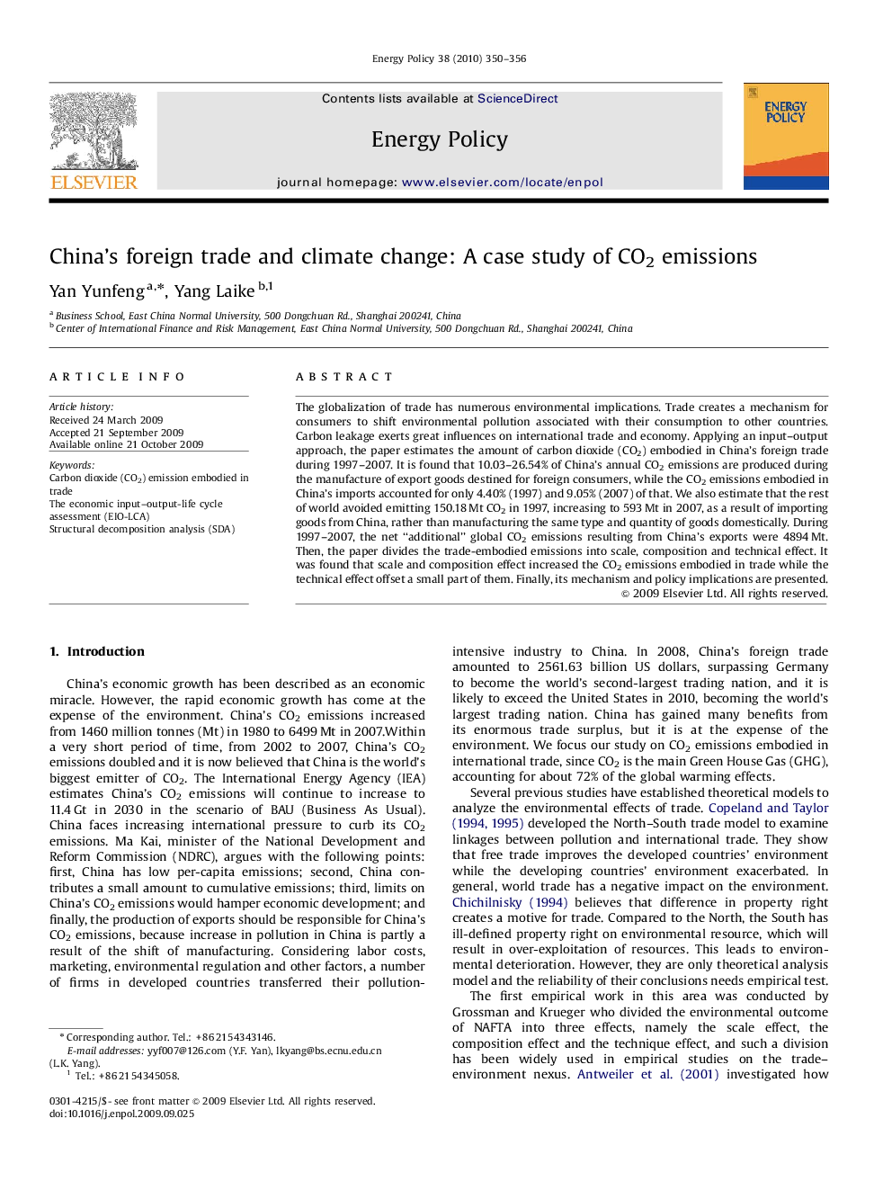 China's foreign trade and climate change: A case study of CO2 emissions