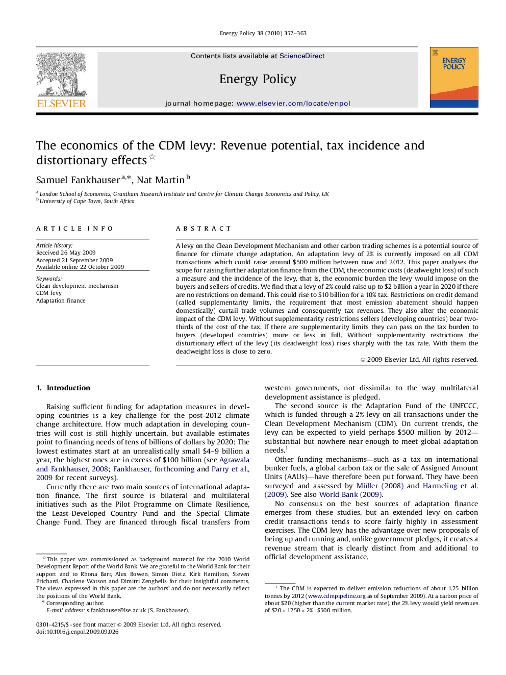 The economics of the CDM levy: Revenue potential, tax incidence and distortionary effects