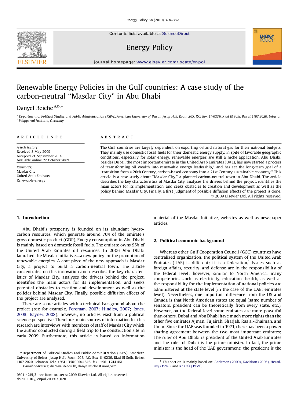 Renewable Energy Policies in the Gulf countries: A case study of the carbon-neutral “Masdar City” in Abu Dhabi