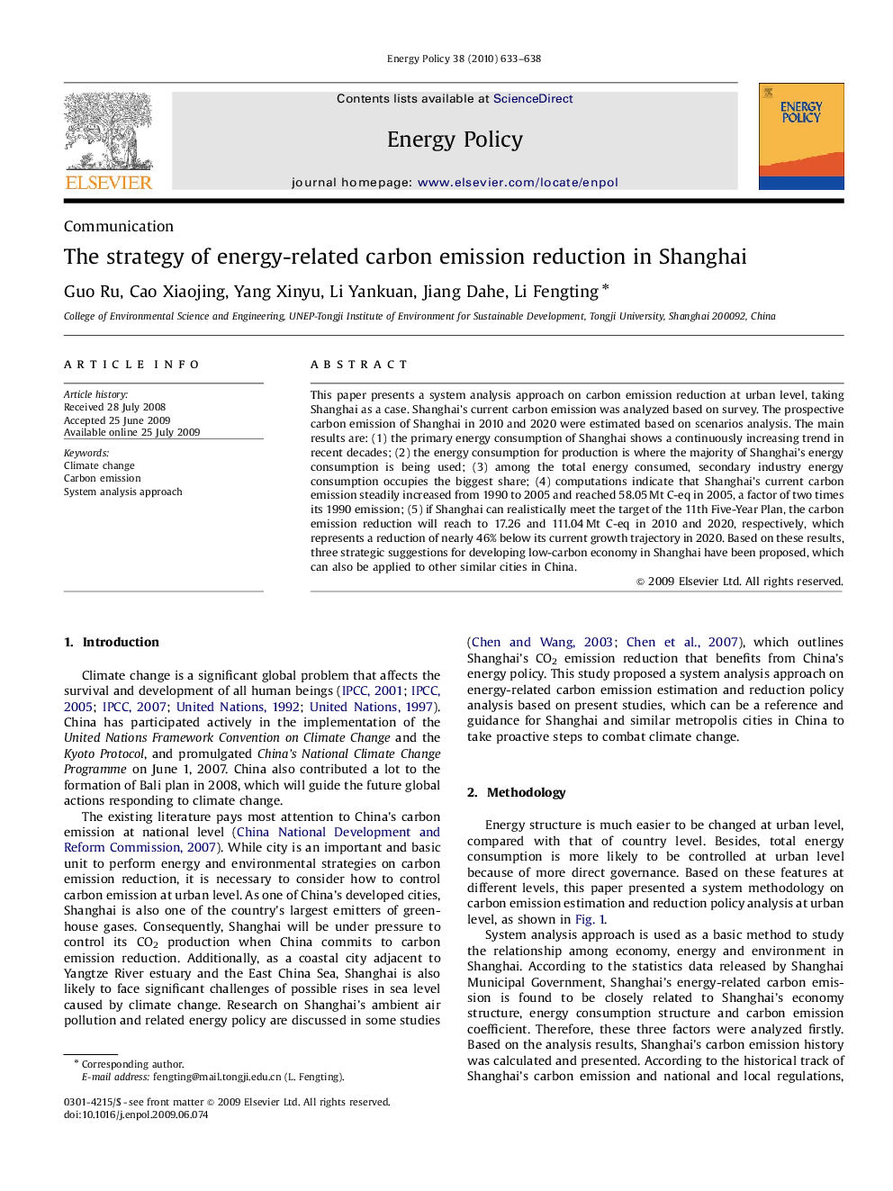عکس صفحه اول مقاله: The strategy of energy-related carbon emission reduction in Shanghai The strategy of energy-related carbon emission reduction in Shanghai