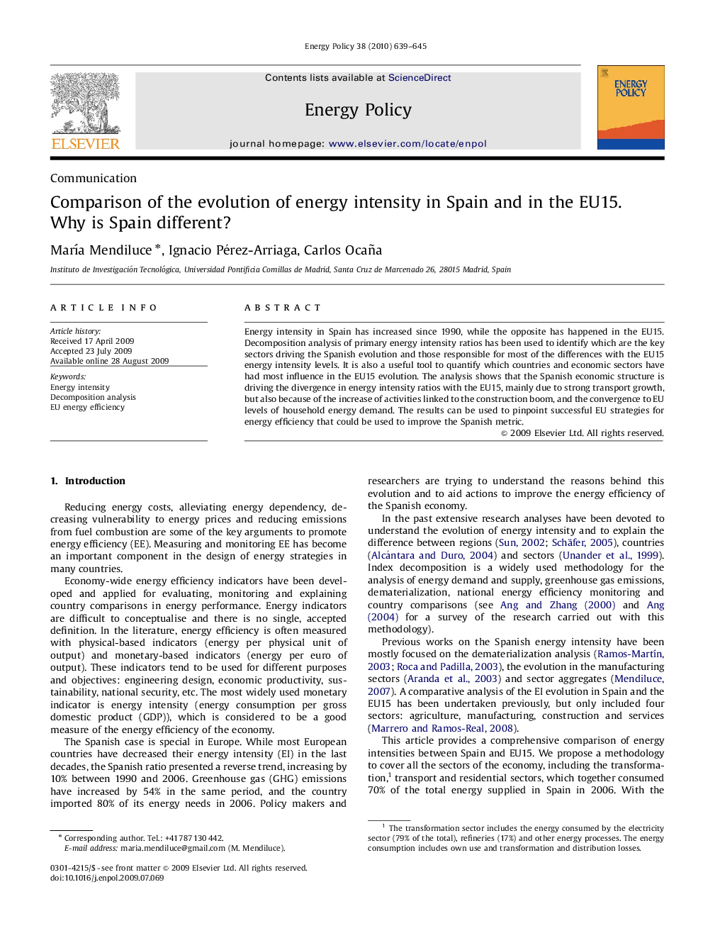 Comparison of the evolution of energy intensity in Spain and in the EU15. Why is Spain different?