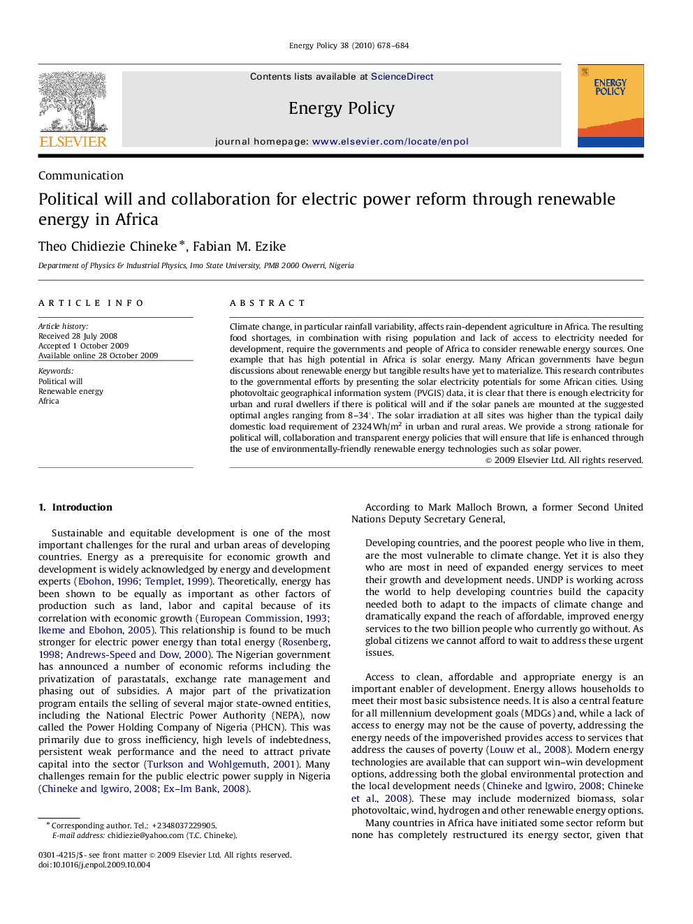 Political will and collaboration for electric power reform through renewable energy in Africa