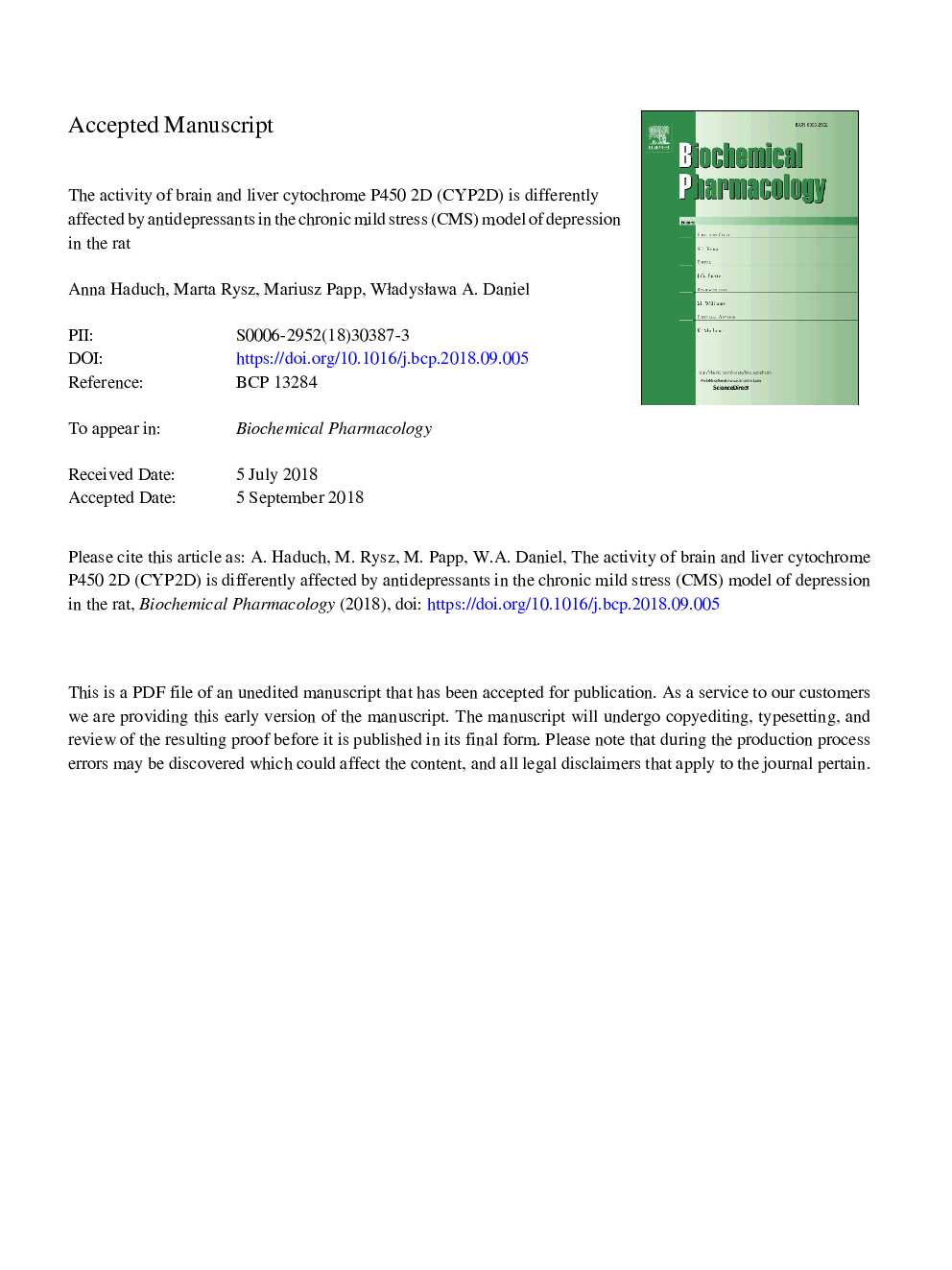 The activity of brain and liver cytochrome P450 2D (CYP2D) is differently affected by antidepressants in the chronic mild stress (CMS) model of depression in the rat