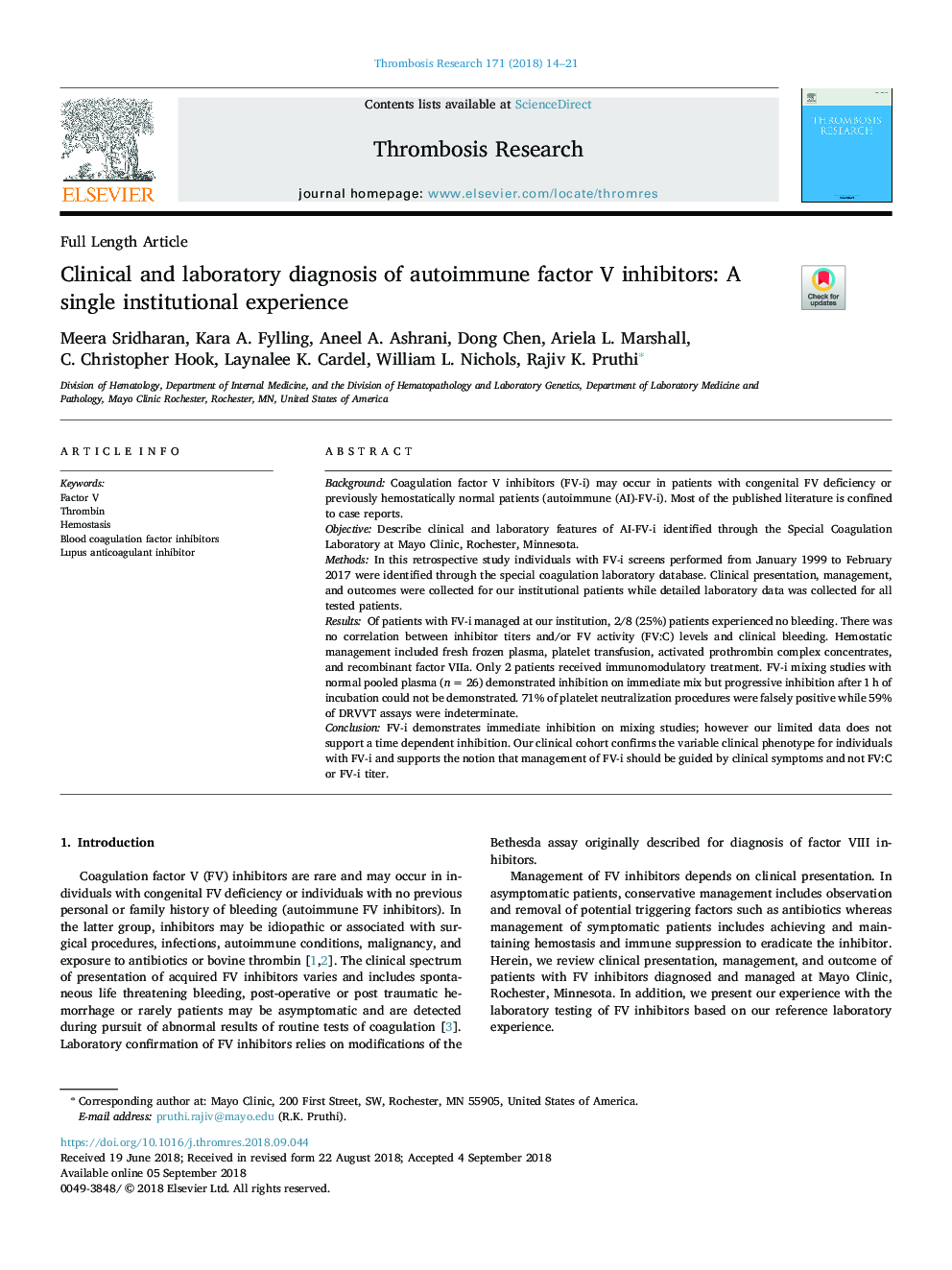 Clinical and laboratory diagnosis of autoimmune factor V inhibitors: A single institutional experience