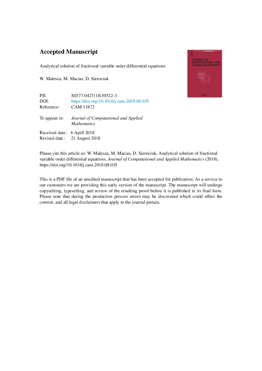 Analytical solution of fractional variable order differential equations