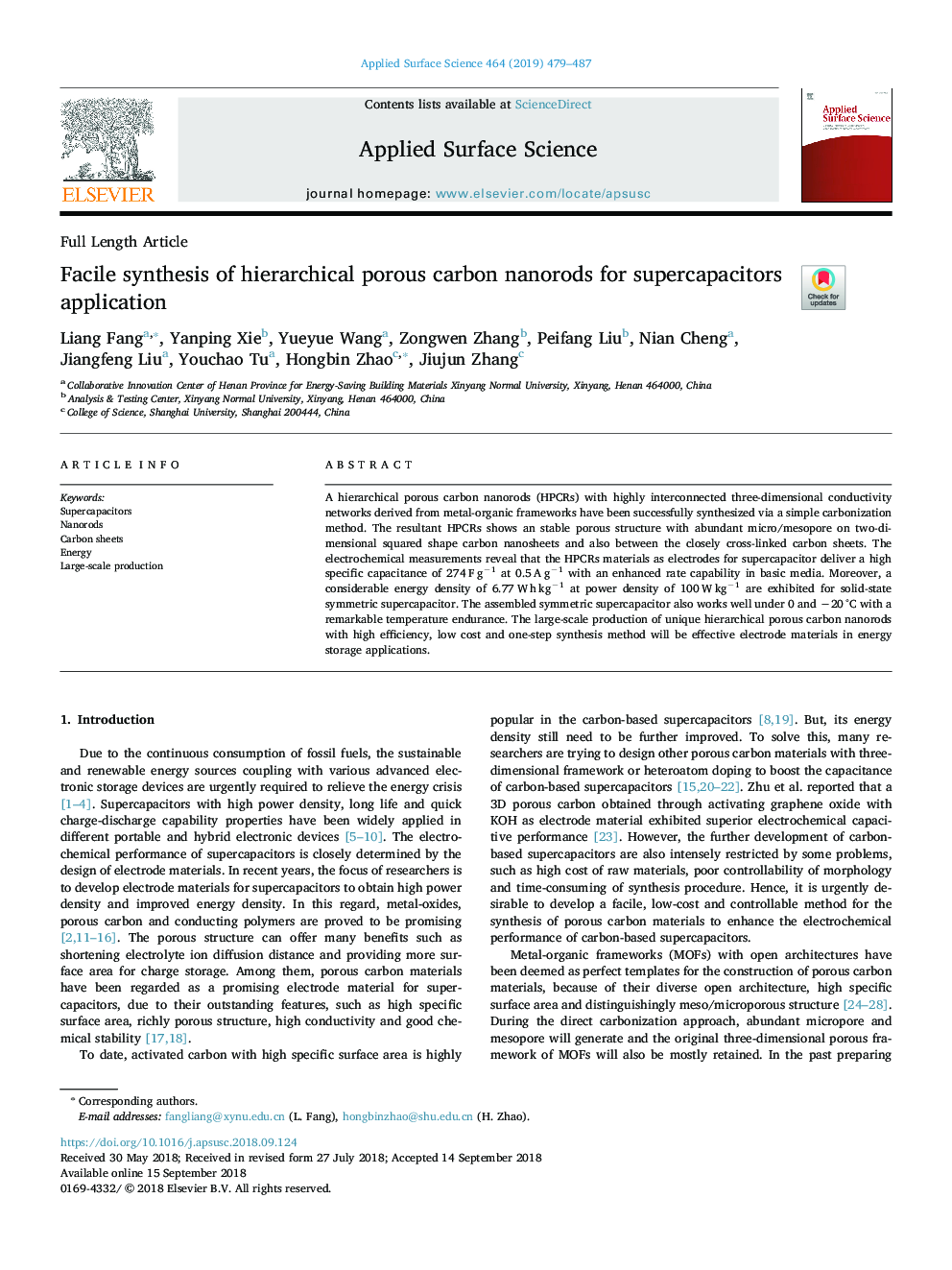 Facile synthesis of hierarchical porous carbon nanorods for supercapacitors application