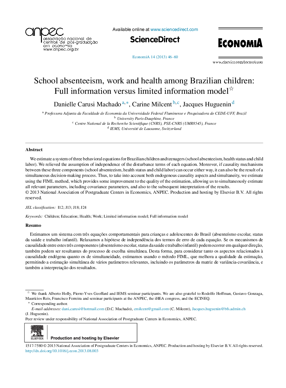 School absenteeism, work and health among Brazilian children: Full information versus limited information model 