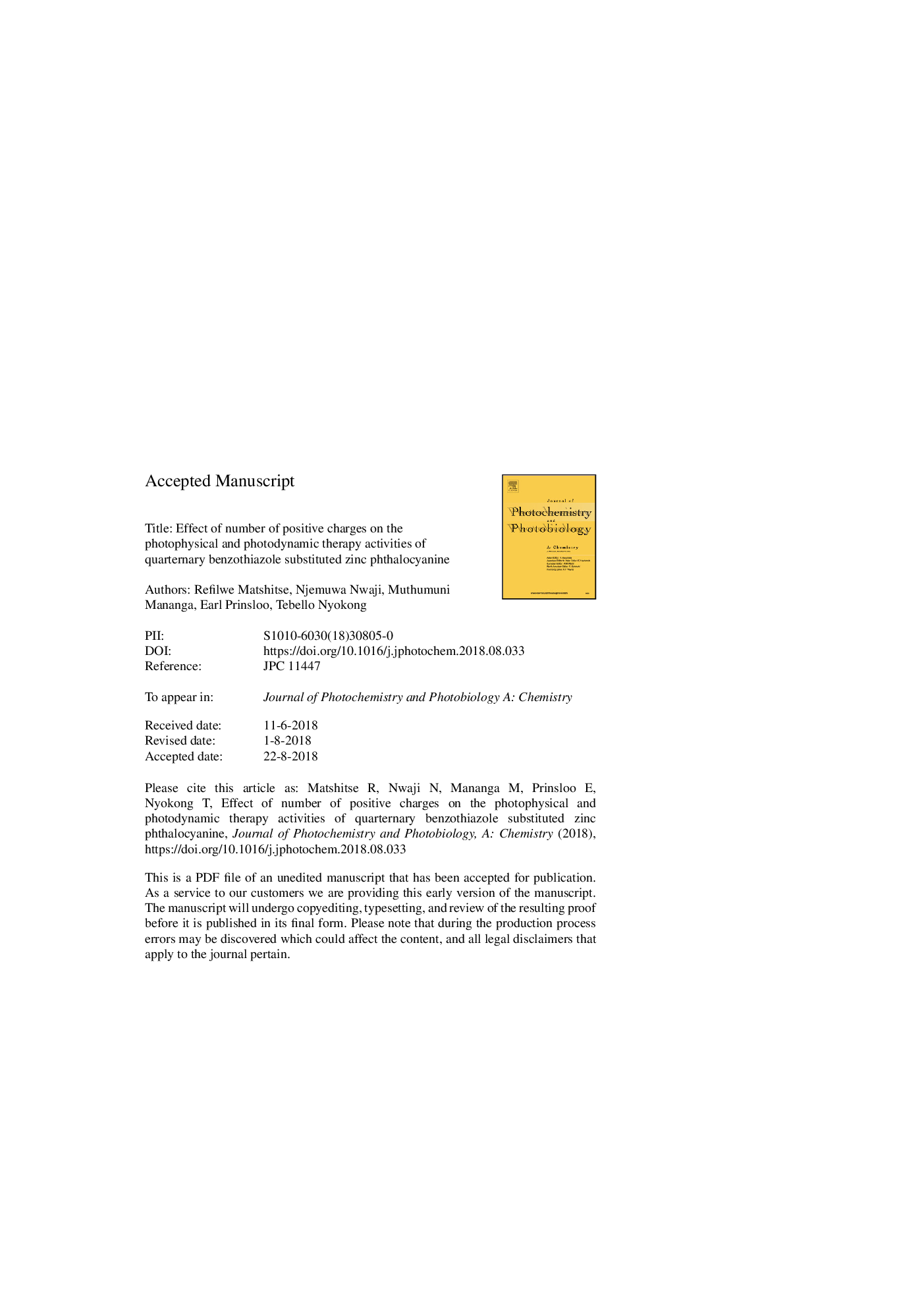 Effect of number of positive charges on the photophysical and photodynamic therapy activities of quarternary benzothiazole substituted zinc phthalocyanine