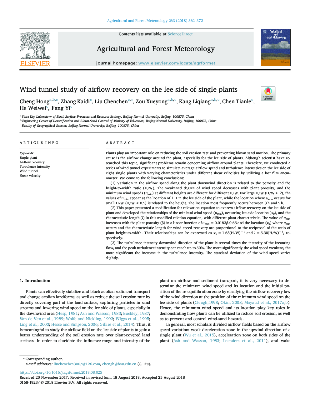 Wind tunnel study of airflow recovery on the lee side of single plants