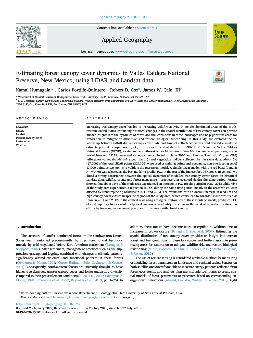 Estimating forest canopy cover dynamics in Valles Caldera National Preserve, New Mexico, using LiDAR and Landsat data