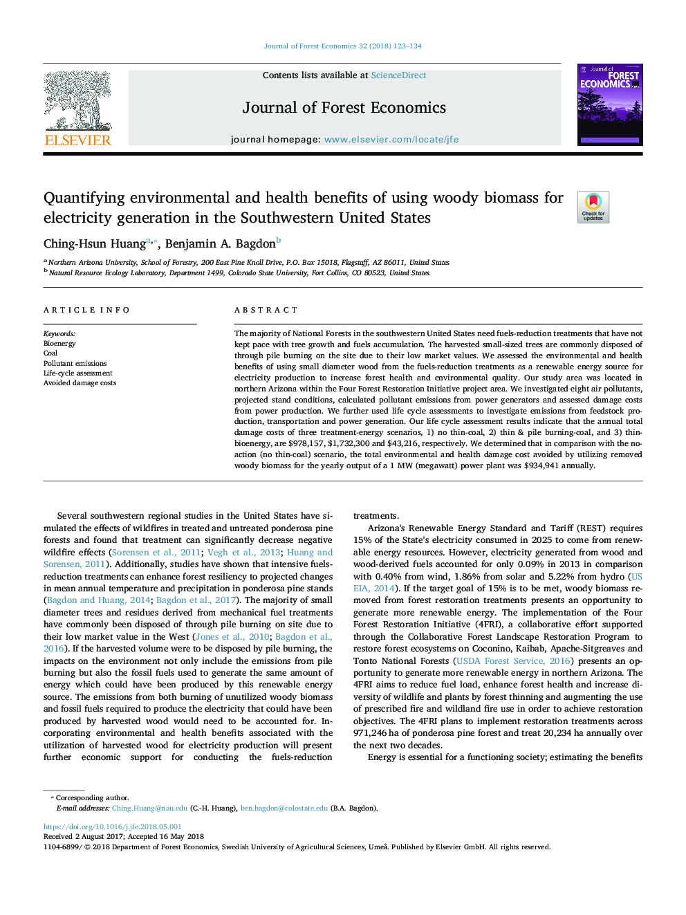 Quantifying environmental and health benefits of using woody biomass for electricity generation in the Southwestern United States