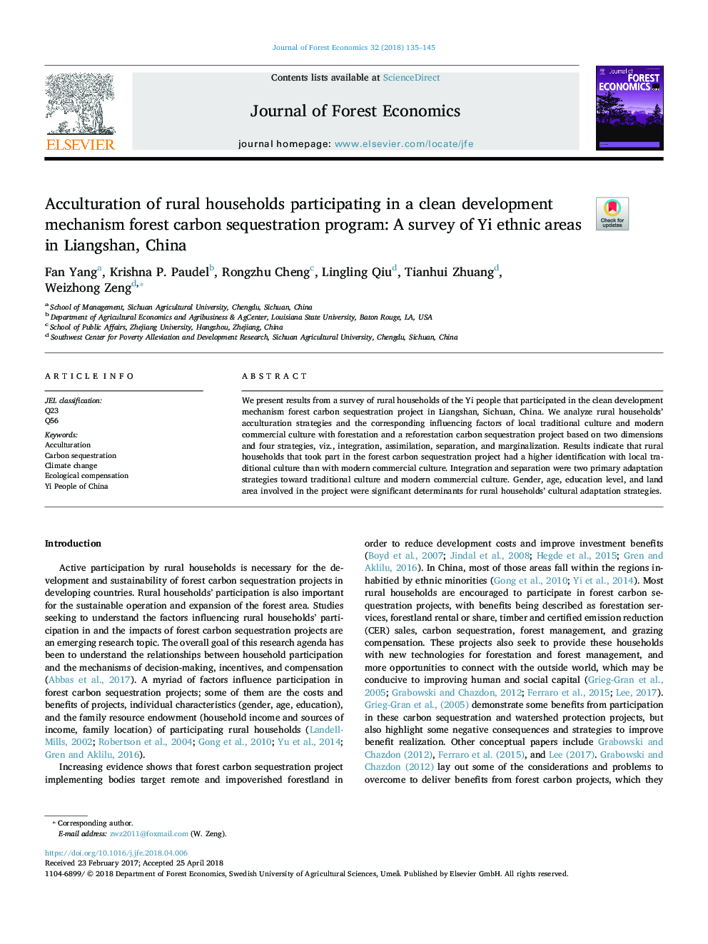 Acculturation of rural households participating in a clean development mechanism forest carbon sequestration program: A survey of Yi ethnic areas in Liangshan, China