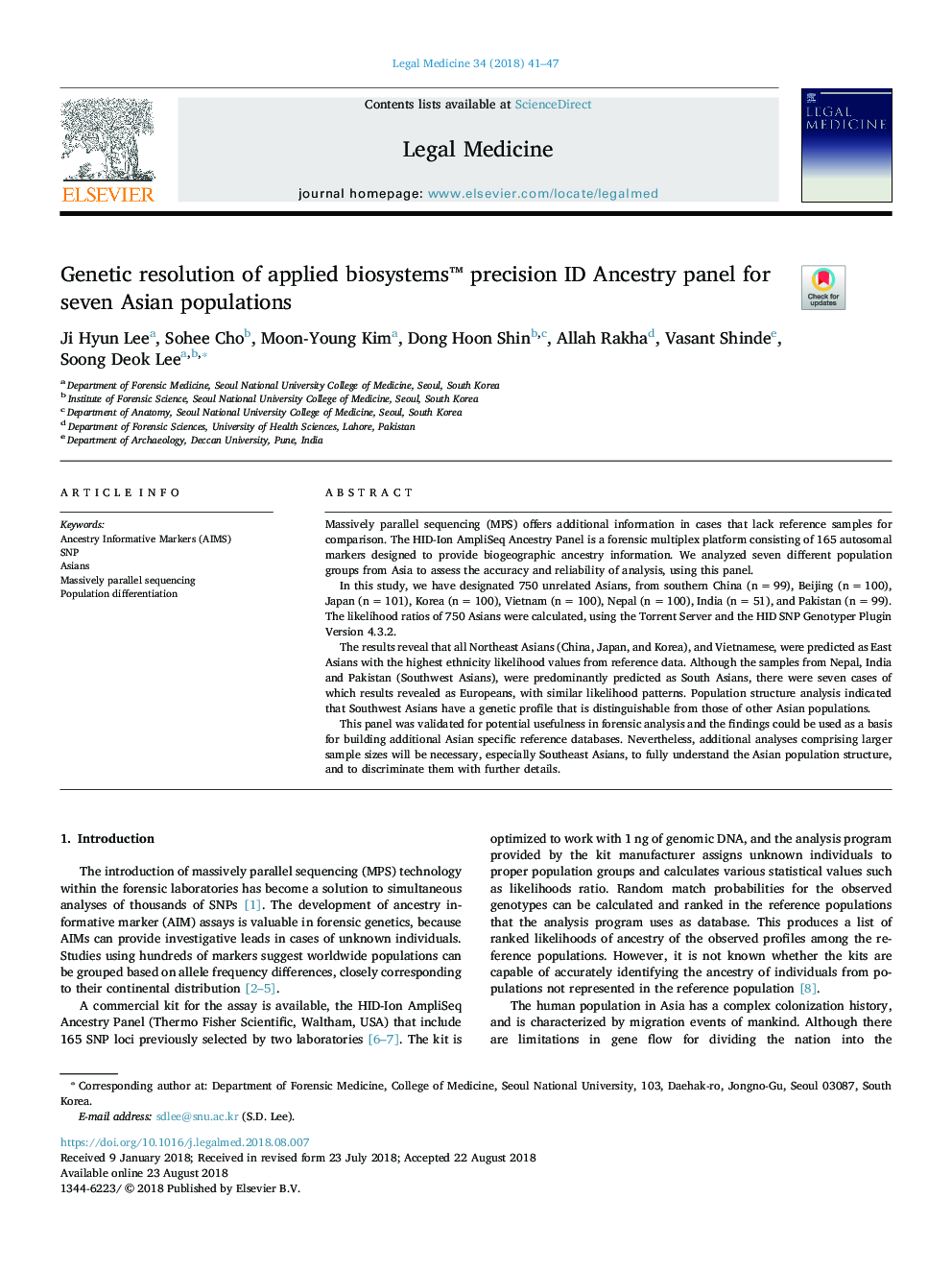 Genetic resolution of applied biosystemsâ¢ precision ID Ancestry panel for seven Asian populations