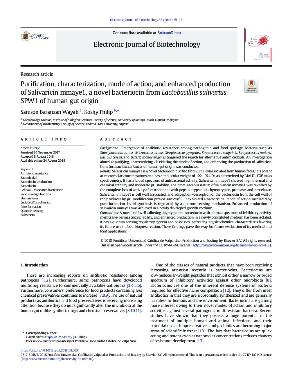 Purification, characterization, mode of action, and enhanced production of Salivaricin mmaye1, a novel bacteriocin from Lactobacillus salivarius SPW1 of human gut origin