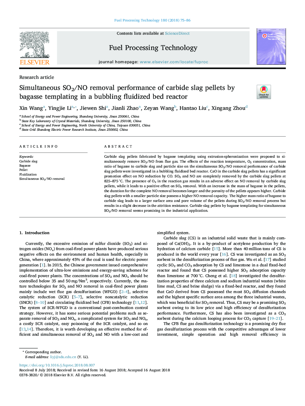 Simultaneous SO2/NO removal performance of carbide slag pellets by bagasse templating in a bubbling fluidized bed reactor